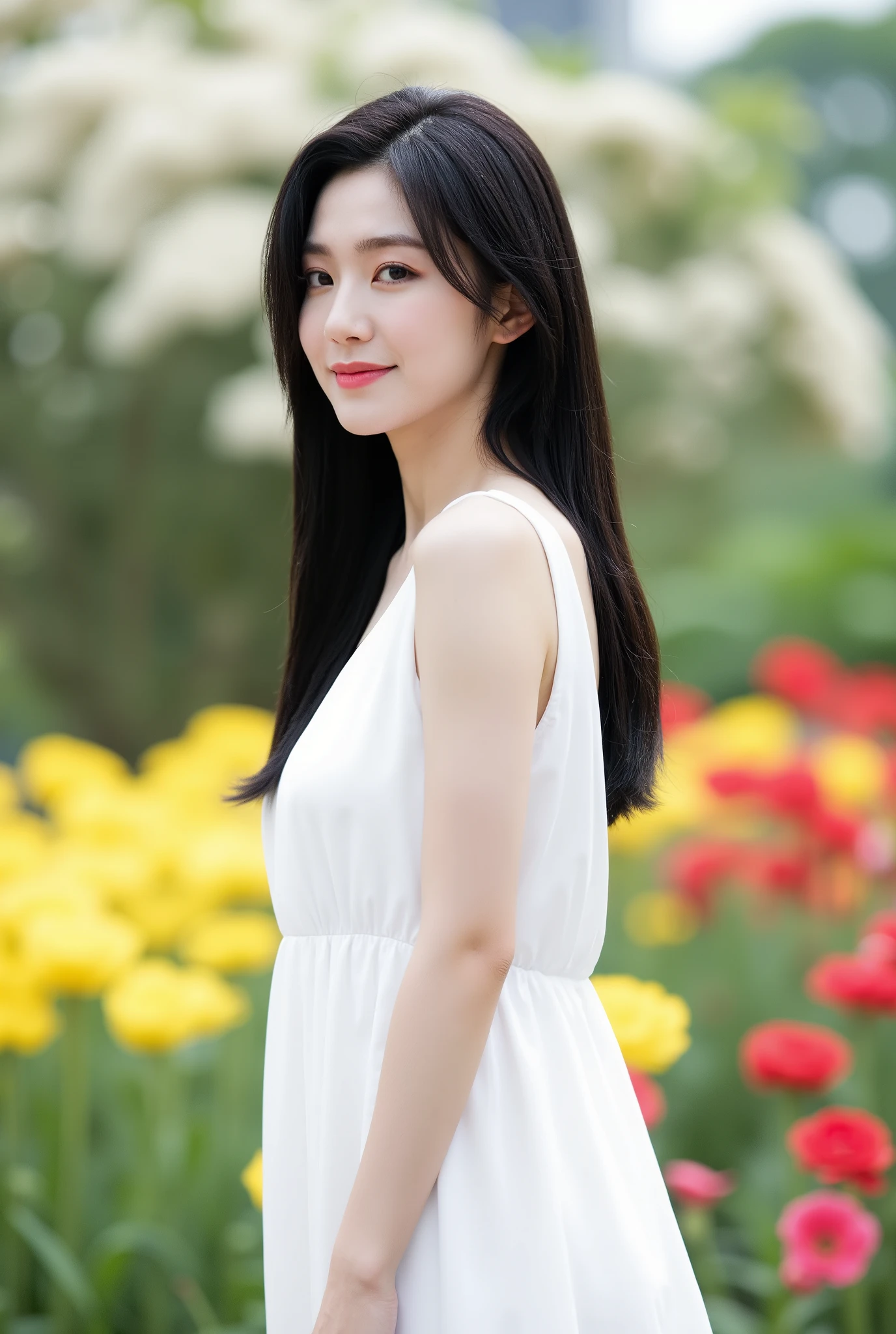 Create a stunning portrait of a beautiful Japanese actress with porcelain skin and tousled, long black hair. She is wearing a flowing pure white dress, standing in a vibrant flower garden with a radiant smile. The scene is illuminated with cinematic lighting, enhancing the ethereal quality of the moment.