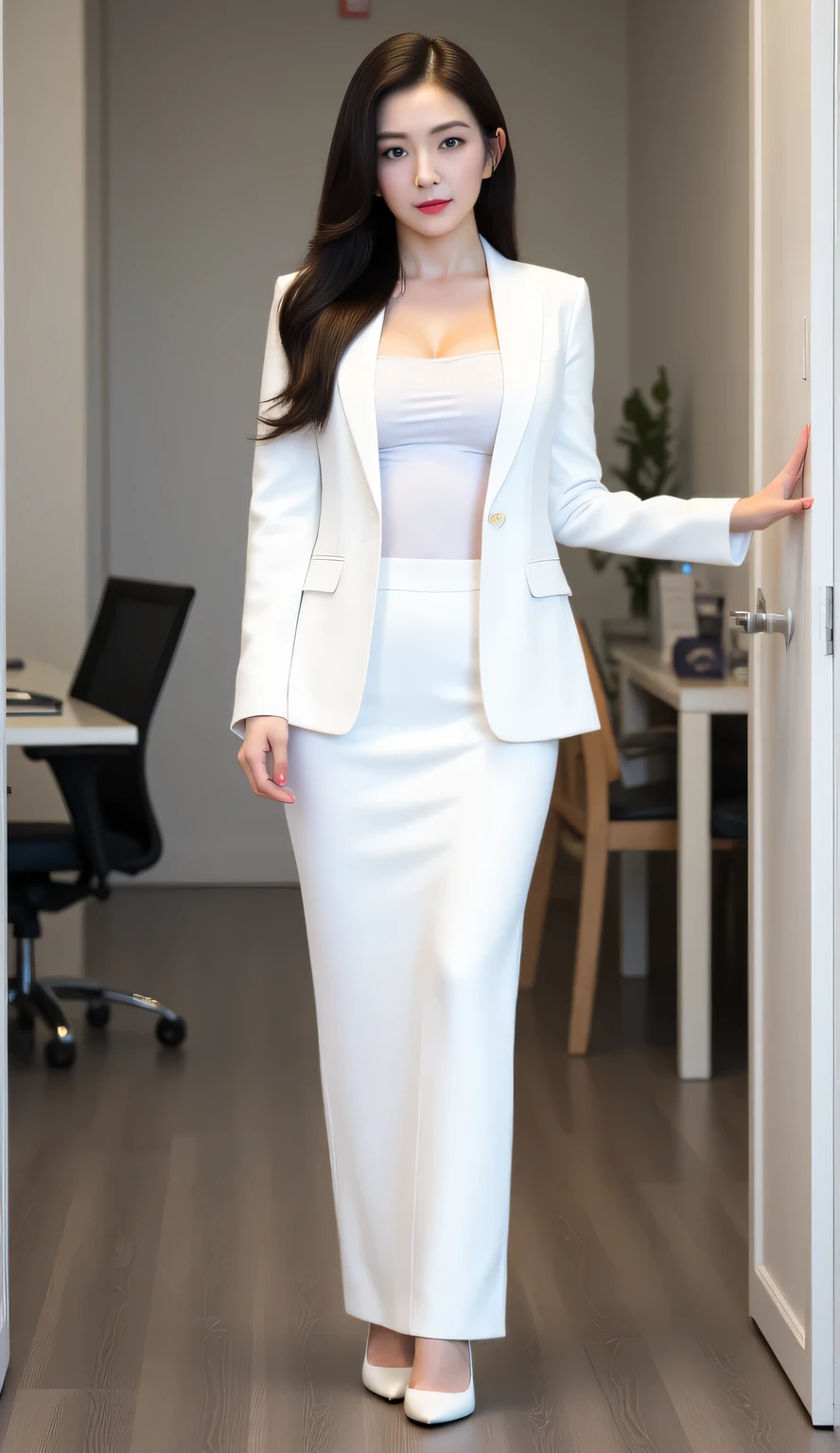 a woman, standing in the office, shirt looks full body,  body facing front, wearing a white open blazer with a white formal shirt, wearing a long skirt up to the toe skinny model in white, wearing white higheels, big , thick red lips, seductive face,  slim waist, thick long black hair