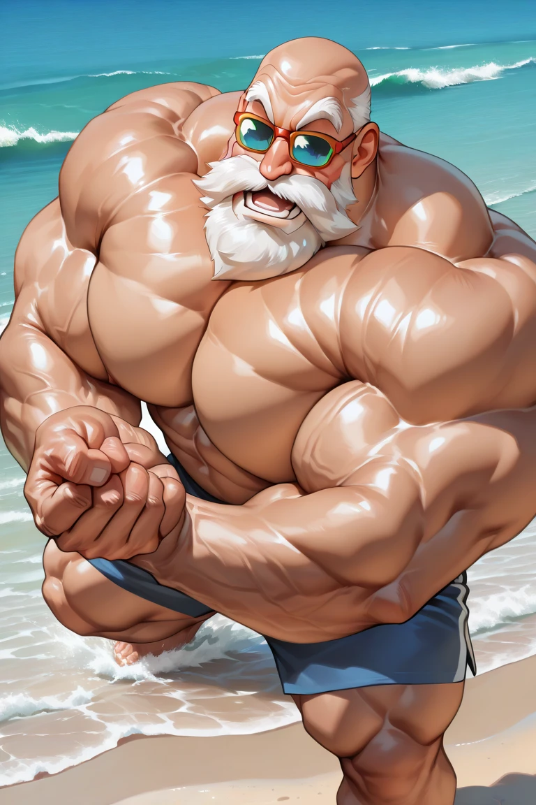 old nordic warrior superhero jumping in the air very long gray hair angry super heavy bodybuilder flexing his muscles A full body obese bodybuilder with a very sweaty body An extremely muscular and extremely fat old man over 70 years old weighing over 600 pounds Very man muscular and very hairy with large sagging pecs with dark nipples and gynecomastia floating on a sea with big waves and under a stormy sky with lightning wearing a very tight silver latex suit with a large layer of fur