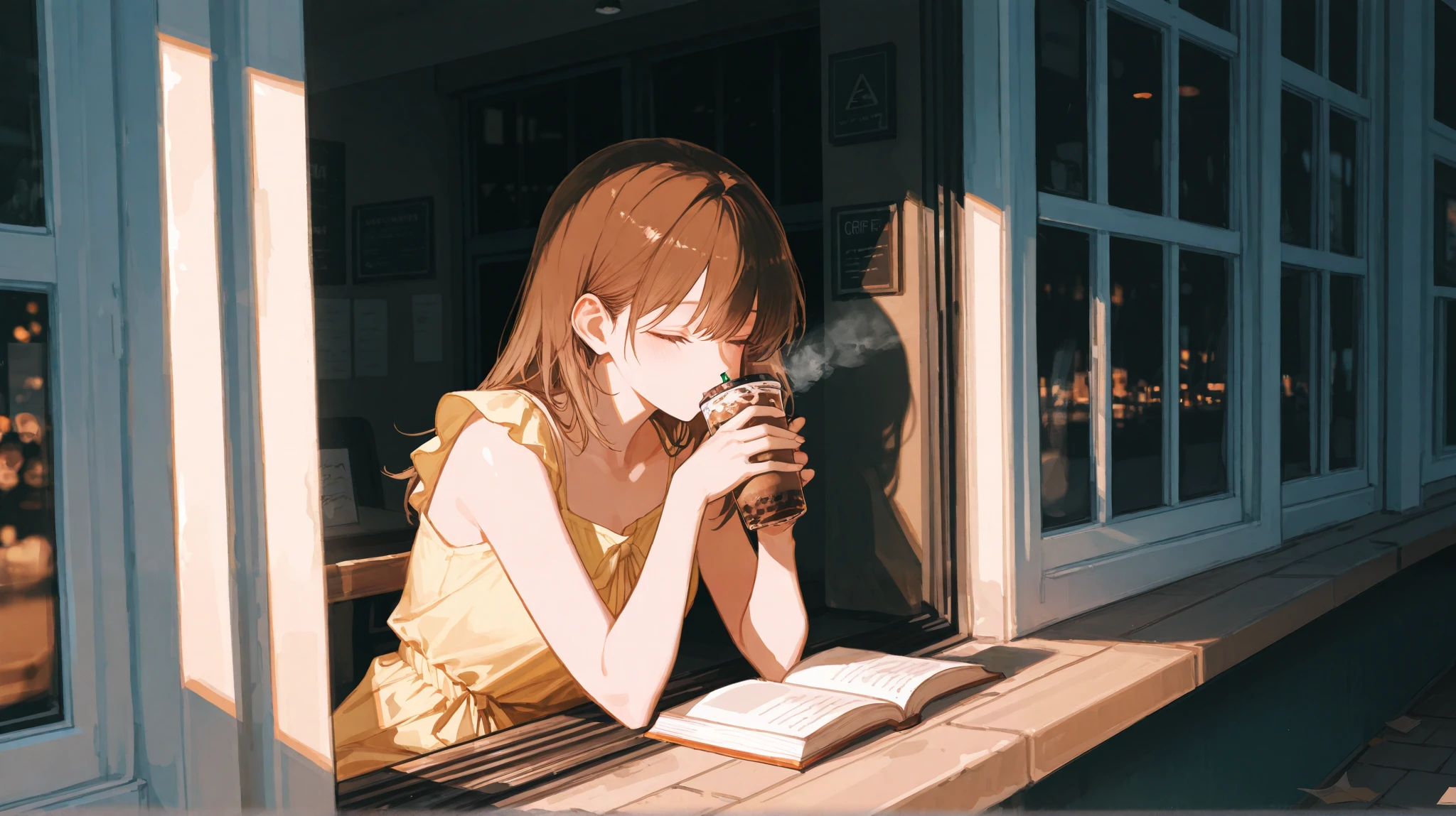 A peaceful beachside café in Busan, where the waves gently crash in the distance. Jiwon, now a university student, sits by the window, sipping iced coffee as she reads a book. She wears a light yellow sundress, her brown hair tucked behind her ear as a soft breeze flutters the pages. Outside, students laugh and stroll along the shoreline, their carefree energy blending with the warm afternoon glow. Jiwon smiles to herself—this new city, this new life, holds endless possibilities.