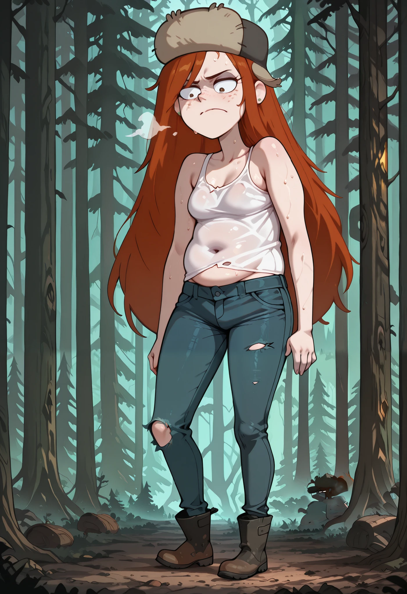 wendy, long hair, source_anime, fur hat, 1girl, orange hair, solo, freckles, earrings,, torn clothes, tank top, pants, jacket around waist,, clothes around waist tight jeans, deep navel, belly folds, love handles, boots,, long hair, fat prominent neck, (gained put on weight:1.2), plump body, (bottom heavy), nervous emotions, (standing in a dark pine forest), plump arms, () , (midriff peek), (long legs), , (sweaty, out of breath, panting), looking at viewer, (scowling at viewer), (unbuttoned pants)