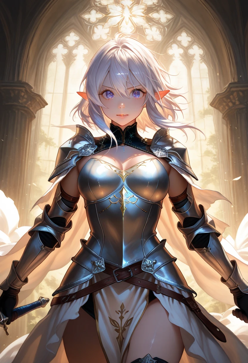 Bust Shot、Masterpiece、high resolution、high quality、32k、(Elf Woman、Blonde、short hair、Green Eyes、Pink lip gloss、Shining silver, noble armor、Metal breastplate、Shoulder rest、tiny hand、White cloak)、Smiling Kindly、Look at me with a favorable eye、Inside the castle at night、(Focus on the upper body)