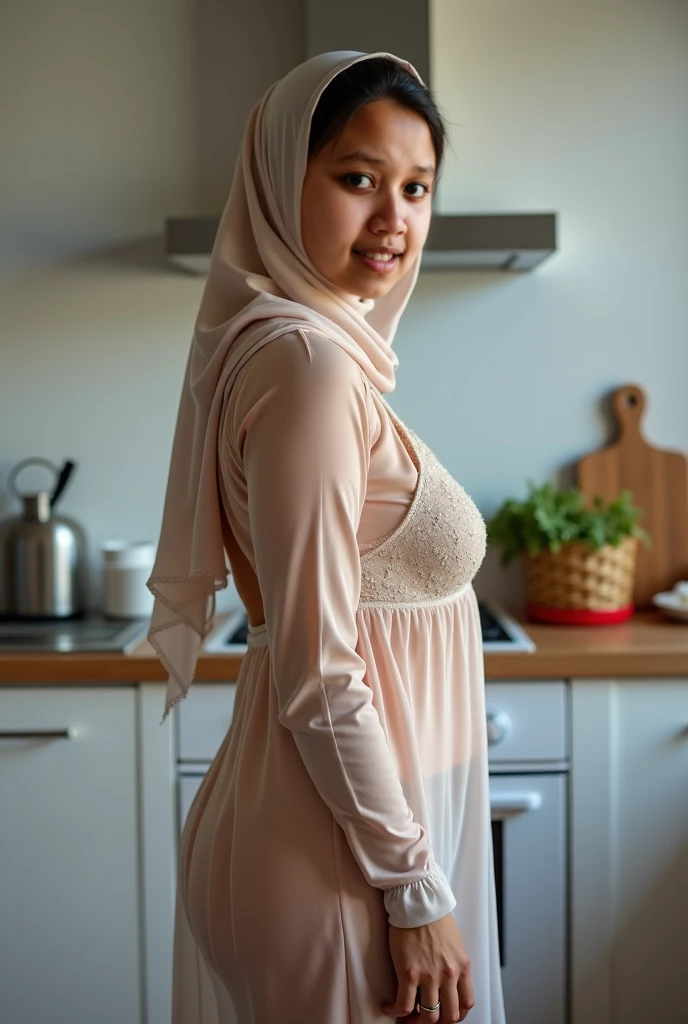Hijab Indian curvy young female white fair skintone wearing sleepwear pink kerala nighty hijab scarf in kerala kitchen Realistic image. body figure looks like actress nithya menon.big breast. No carpet. No indoor plants. Front view. Wearing hijab scarf