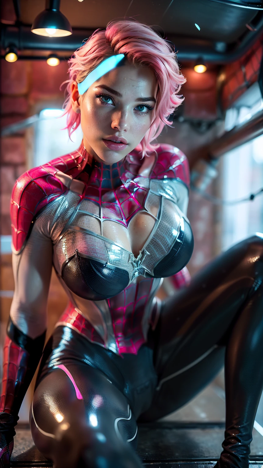A female superhero with spider-inspired abilities, Spider-Gwen, in a full-body fighting pose, set against the backdrop of the New York cityscape during sunset, with an hourglass figure, large shapely breasts, a large shapely butt, and a sculpted, semi-nude physique.