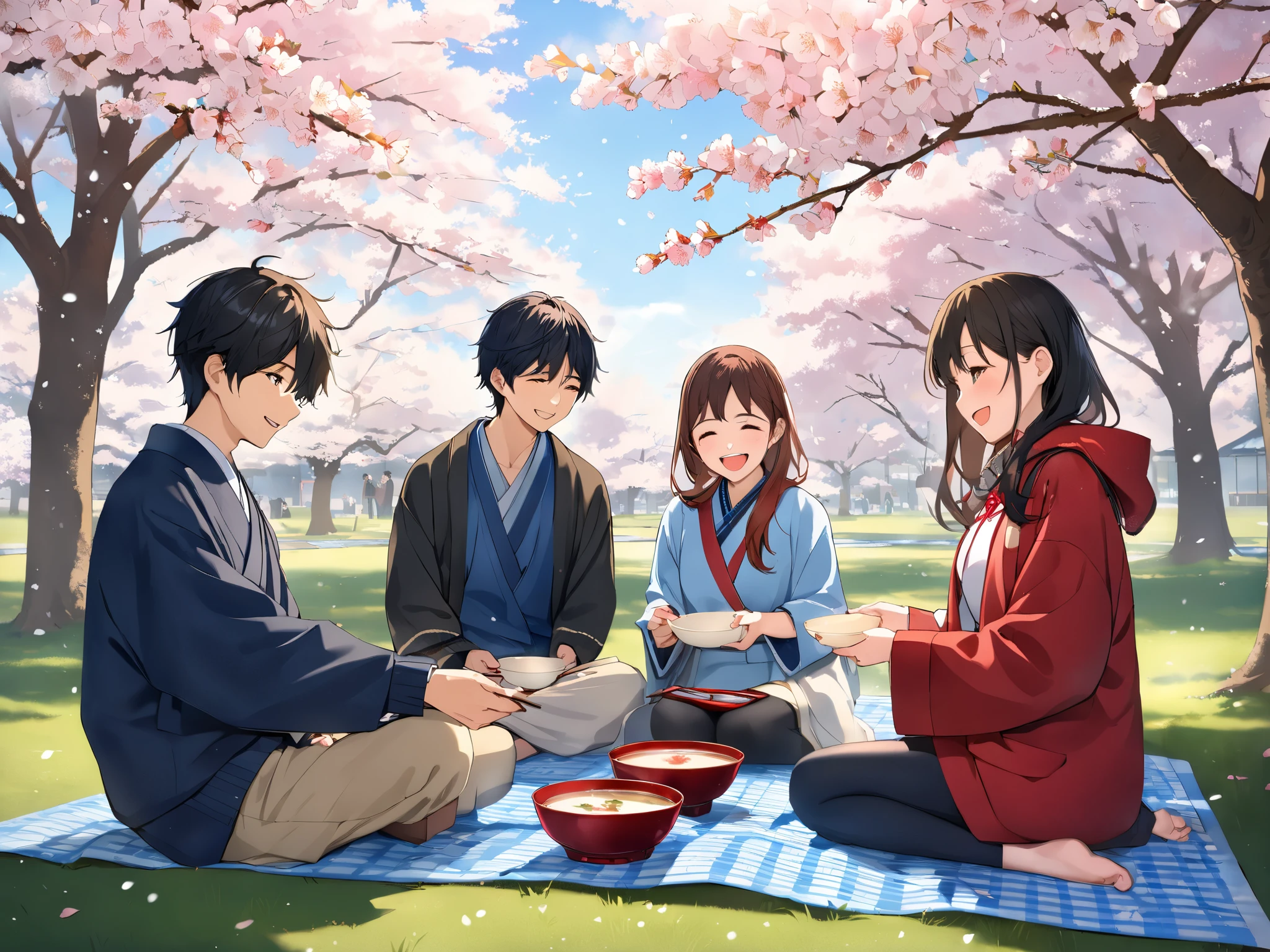It's snowing, the cherry blossoms are in full bloom

A spring picnic scene in a Japanese park filled with cherry blossoms in full bloom. It is early May and unseasonal snow is falling gently onto the blossoms. (((Five young Japanese adults, university students, are sitting on a blue picnic sheet under the cherry trees.))) They are smiling and laughing, their cheeks flushed from drinking cheap sake. Their hands are red from the cold. In the center, a small portable gas stove is set up with a pot of hot tonjiru (Japanese pork miso soup) steaming. They eat it eagerly, using chopsticks and bowls, the steam rising into the cold air. The atmosphere is warm and youthful, capturing a heartfelt moment of friendship and spring snow. manga-style, slightly stylized, expressive faces, cozy and nostalgic mood. close-up, from the side, 超high resolution, retina, masterpiece, accurate, textured skin, Super Detail, High Details, high quality of wavy lines, high resolution, Best Quality, 16k