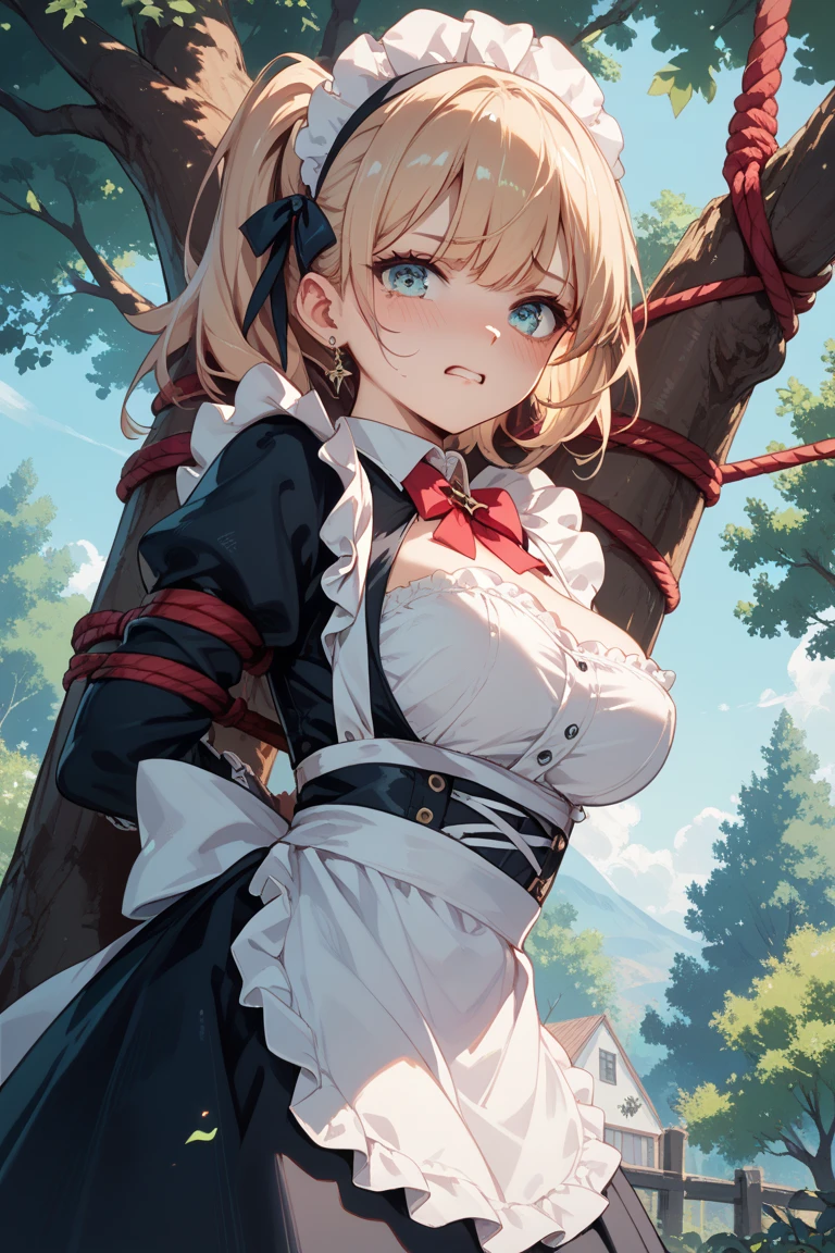 Shiny blond hair, very long hair, sophisticated haircut, ((((hair fully braided)))), ((small twisted braids)), thin and oval face, submissive, (((gagged))), ((((very cute maid girl)))), ((((very cute black maid dress)))), ((((cute waitress serving a blond man)))), cute and blushing 18 years old anime girl, look away because she is embarrassed and blushes, bright blue eyes, detailed face, detailed members, detailed arms, detailed hands, ((((sparkling diamond jewelry)))), tiara, ((makeup)), high heels, puffy sleeves, long gloves, long eyelashes, maid costume, maid dress, maid girl, Girl lying, tied by ropes, shackled, can no longer move, tied tightly, very hard tied up with lots of ropes, hampered by so many ropes that she can no longer move, bound hands and feet, ropes tie his whole body, tied extremely tightly and forcefully to her bed by a lot of ropes, its limbs are strongly tied together by ropes, his torso is tied up with thick cords, her chest is so tied up with ropes that it sticks out, her legs are tied tightly with thick ropes, his hands are tied behind his back with ropes, she can no longer move her feet, her hands which are tied by thick ropes, she desperately tries to free herself, likes to be tied tight with big ropes, likes to be immobilized by big ropes, lying down, his hands and feet are strongly tied to the railing of his bed, his legs are pressed together and tied with ropes, its limbs are held vigorously by imposing ropes, her hands are tied securely behind her back by ropes, her chest is compressed by strong ropes, she is pressed against her bed and restrained by large ropes (shibari, arms behind the back:1.4), (hands on the back), (masterpiece, best quality) 1.5, 1girl, solo, (sexy, beautiful woman, perfect face, perfect eyes, perfect hands), samus aran, (shibari, arms behind the back:1.4), (hands on the back), Spread the legs, s' ((lie in bed by big ropes)), ((close up of the girl)), ((((lie in bed))))