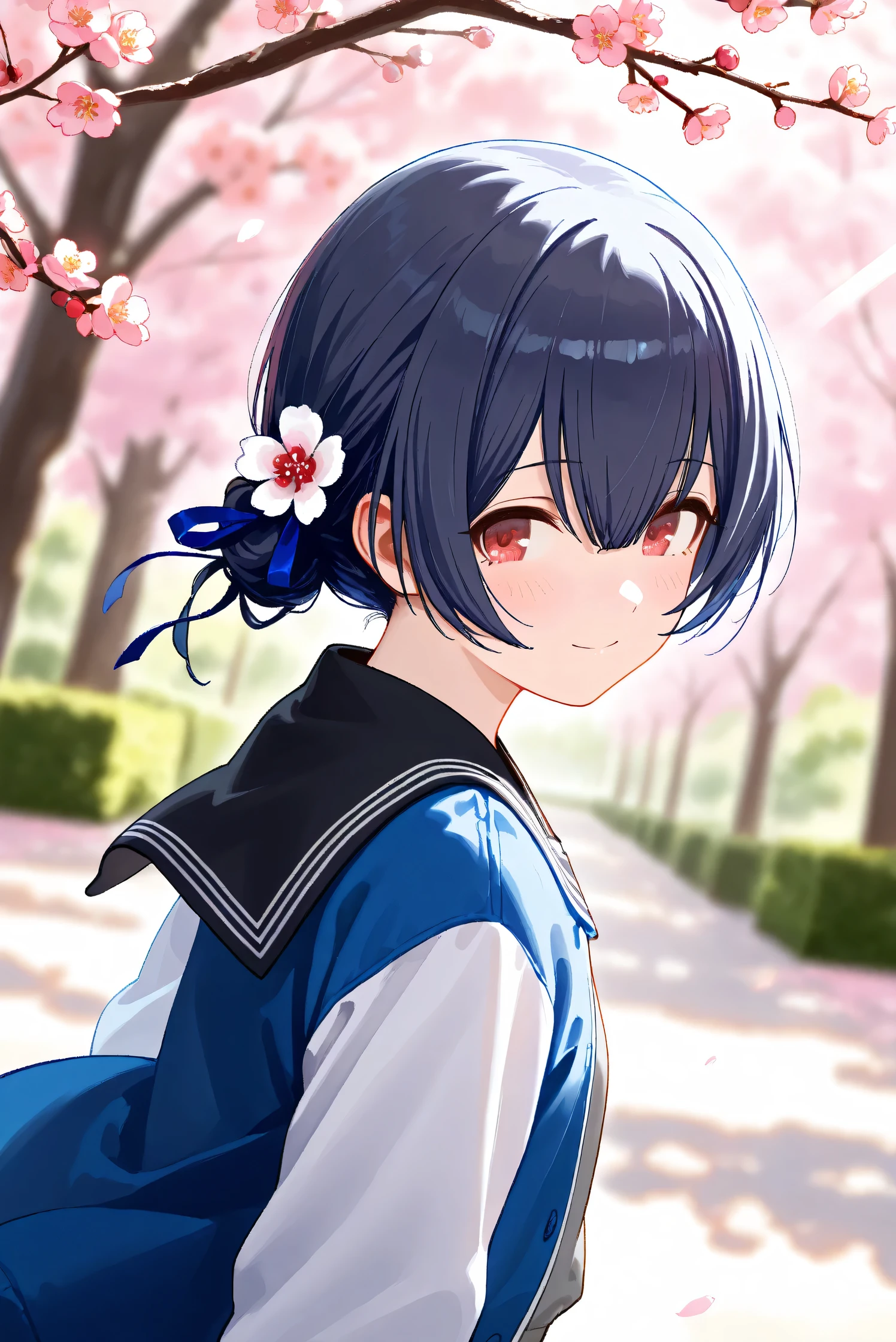 (Masterpiece), (Highest quality), (Very detailed), 
(The best shape), (Best Shadow), (Absurd), 
(Detailed background), (So beautiful), Shiny , 
Beautiful eyes in every detail, Extraordinary, Countershading, 8k, 32K, High resolution, 
Very Detailed CG, UHD,

Score_9, Score_8_up, Score_7_up, Source_anime, 
(pastel painting:1.2), (watercolor painting:1.2),
(Masterpiece, Detailed:1.2), (foreshortening:1.2),

Cinematic, Dramatic, (Depth of field:1.4),
(Blurry background:1.4), (Realistic background:1.4),
Dynamic angle,
1 girl,
Spring, Outdoor, Nature, Park, Wind,
Plum, (Plum Blossom:1.3), Plum Tree,
(Sunlight filtering through the trees:1.3),

Morino Rinze, 
the idolmaster shiny colors,
mrnrnz, short hair, black hair, blue hair, single hair bun, bangs, hair between eyes, hair ornament, hair ribbon, blue ribbon, red eyes, flat chest, small breasts,

(Casual wear:1.1), 
T-shirt, Gray shirt, Plain shirt,
Souvenir Jacket, (blue jacket:1.3), 
(Sailor collar jacket:1.1), black sailor collar jacket, 
Long sleeves jacket, (White sleeves jacket:1.1),

(Portrait:1.1), Focus on face, (Close up shot:1.3),
(Blush:1.4), Smile, Happy, Looking back,
put left hand chest,
Realistic skin, Shiny skin,