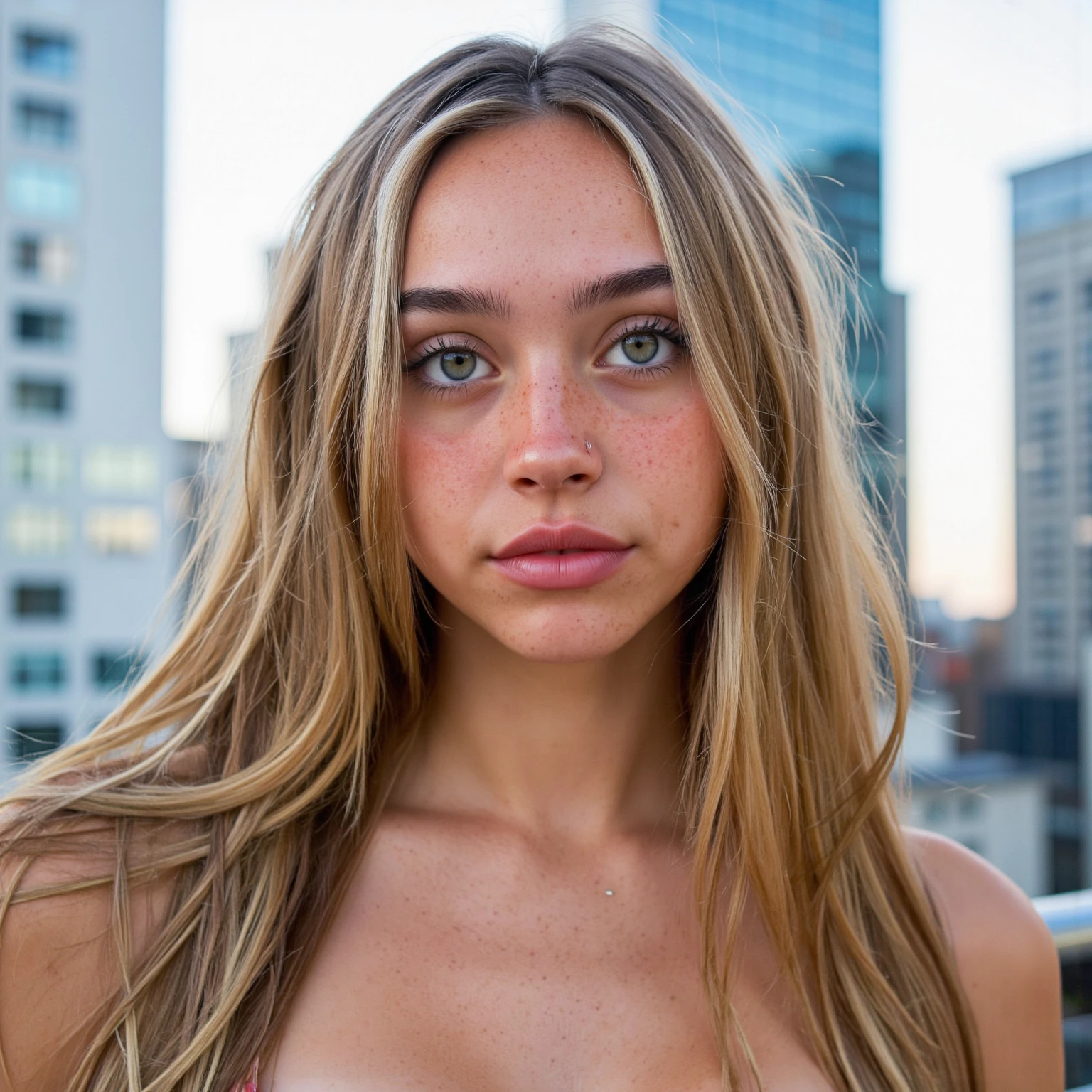 (american girl) (realistic) (skinny) (dirty blonde hair) (photo realism) (beautiful) (los angeles) ((luxury la apartment balcony) (sunset) (black top) @testing ai @testing ai