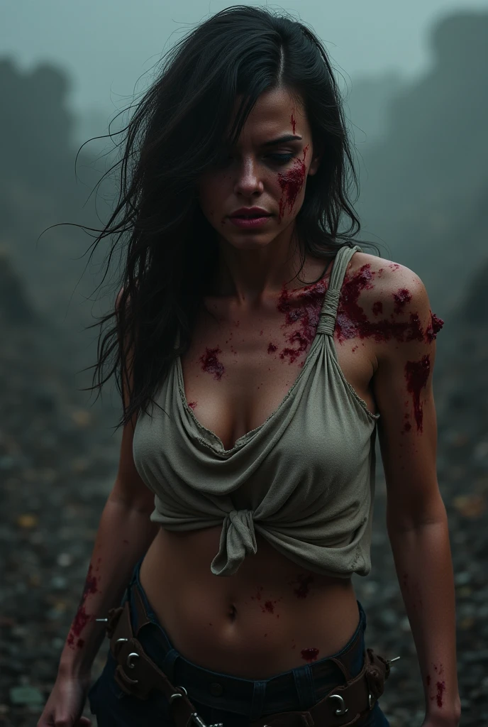Create an ultra-high resolution, hyper-realistic rendering of a zombie model lying on the ground after a fresh attack, just before reanimation. She should have dead eyes, with fresh bites and gashes on her body. Her limp body should lie on the ground with legs spread apart. Her clothing is torn and dirty from the struggle. Include details like twisted hair and contorted lips for character. Emphasize subtle details such as sensual curves while maintaining a tasteful presentation. The background should depict a fierce battle for survival, with signs of chaos and destruction such as blood trails and broken objects. Ensure her body is complete and anatomically correct, emphasizing her eerie beauty and haunting charm. Full body picture. Stylize picture to 9:16 ratio. Open pose. Spread legs