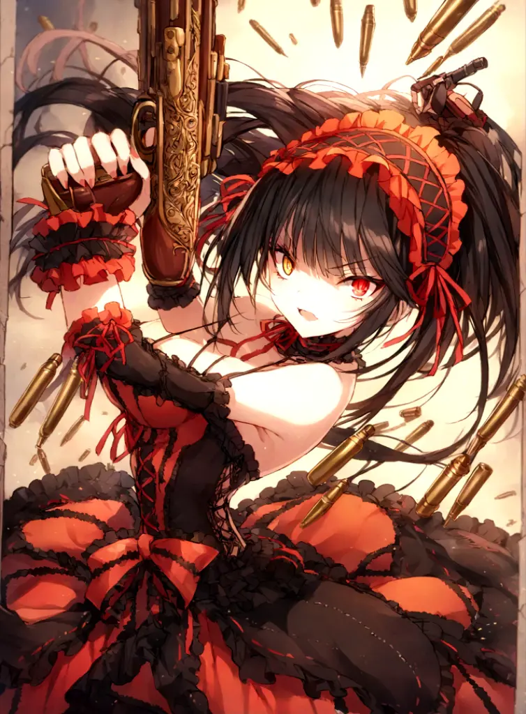crazy, devil eyes, Tokisaki Kurumi, holding guns, bullets, full body, sexy pose, 1:1 scale