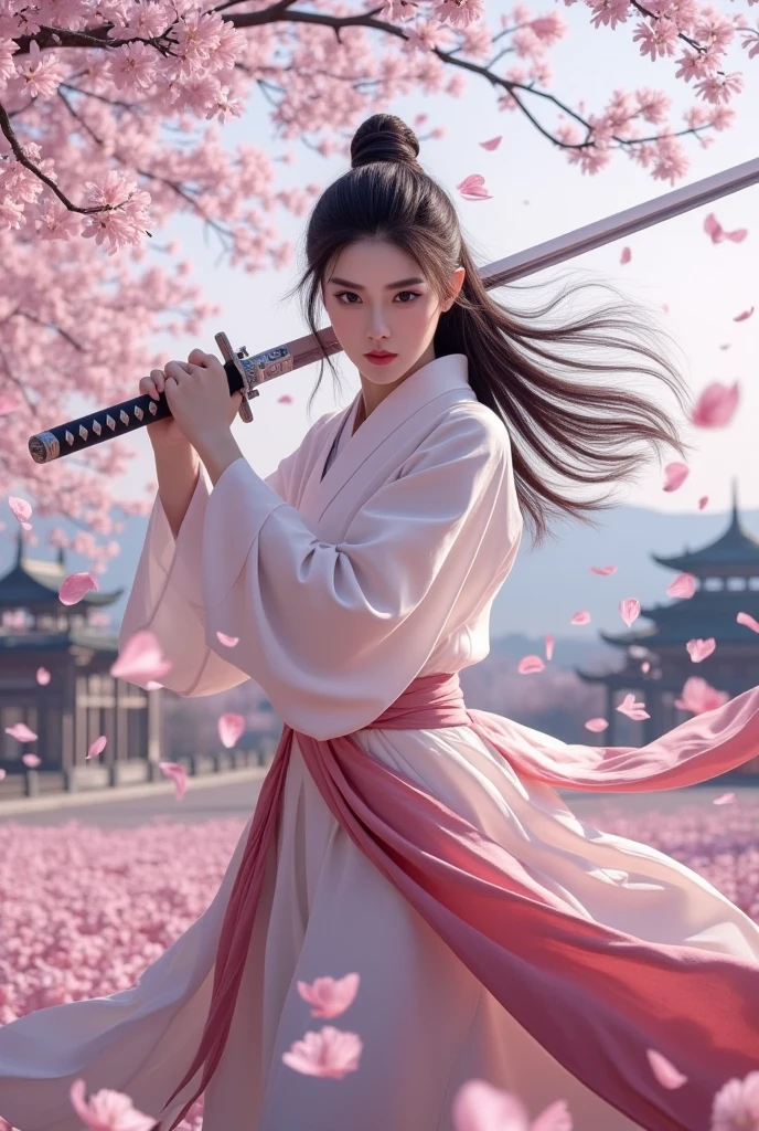 Woman with a sword 　In the cherry blossom blizzard 　Japanese