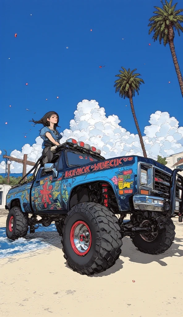 A gorilla driving a car while guns shoot at him and a shark with wings flying on a sunny day