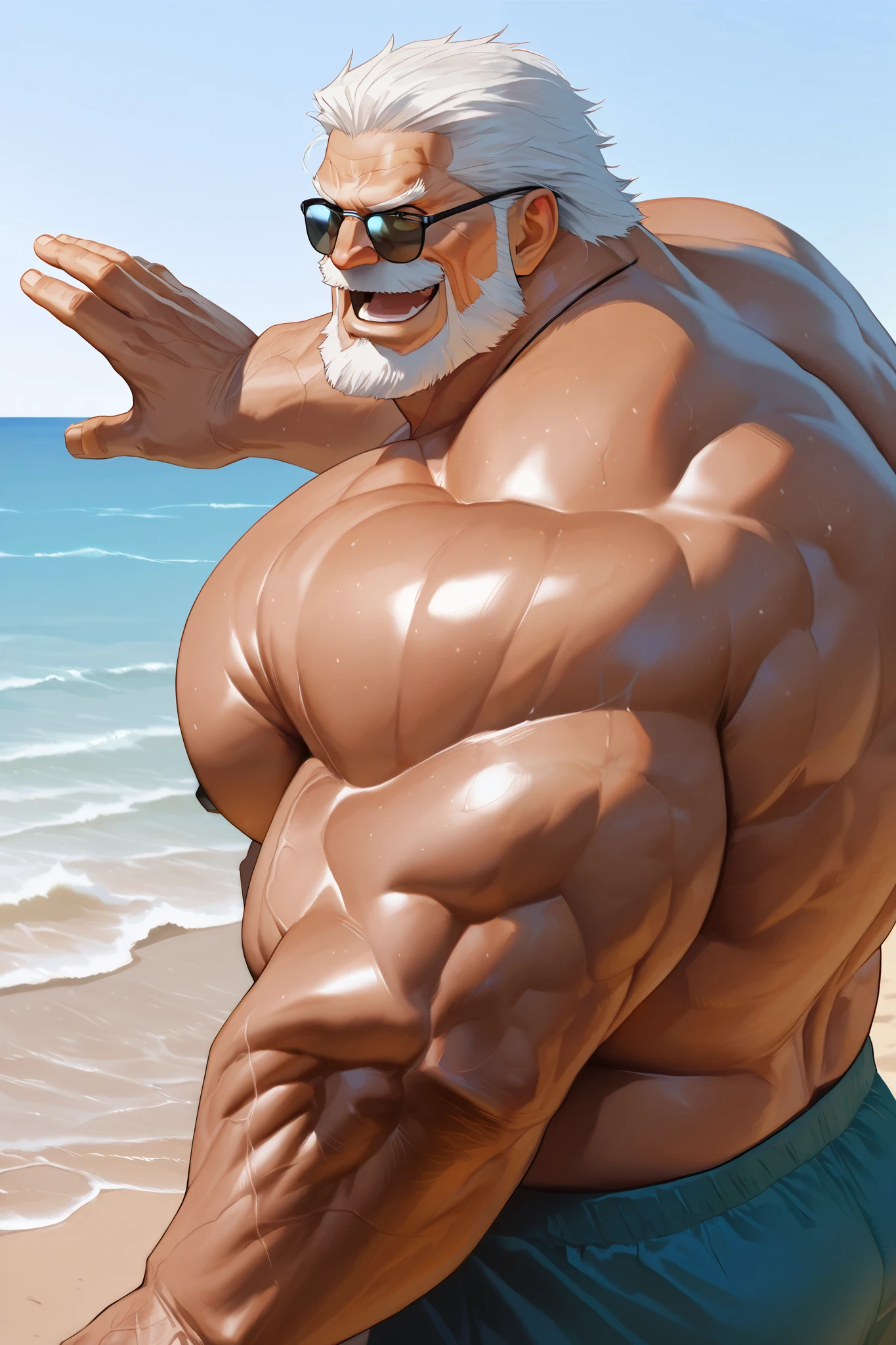 solo, muscular old man, garp, in beach, happy, sunglasses, shirtless, very huge pectoral, shorts, detailed face:1.3, eyes, wide shoulder, thick arms, wide pectoral, muscle, short hair:1.2, masterpiece, semirealistic:1.2, high detailed, 8k, high resolution