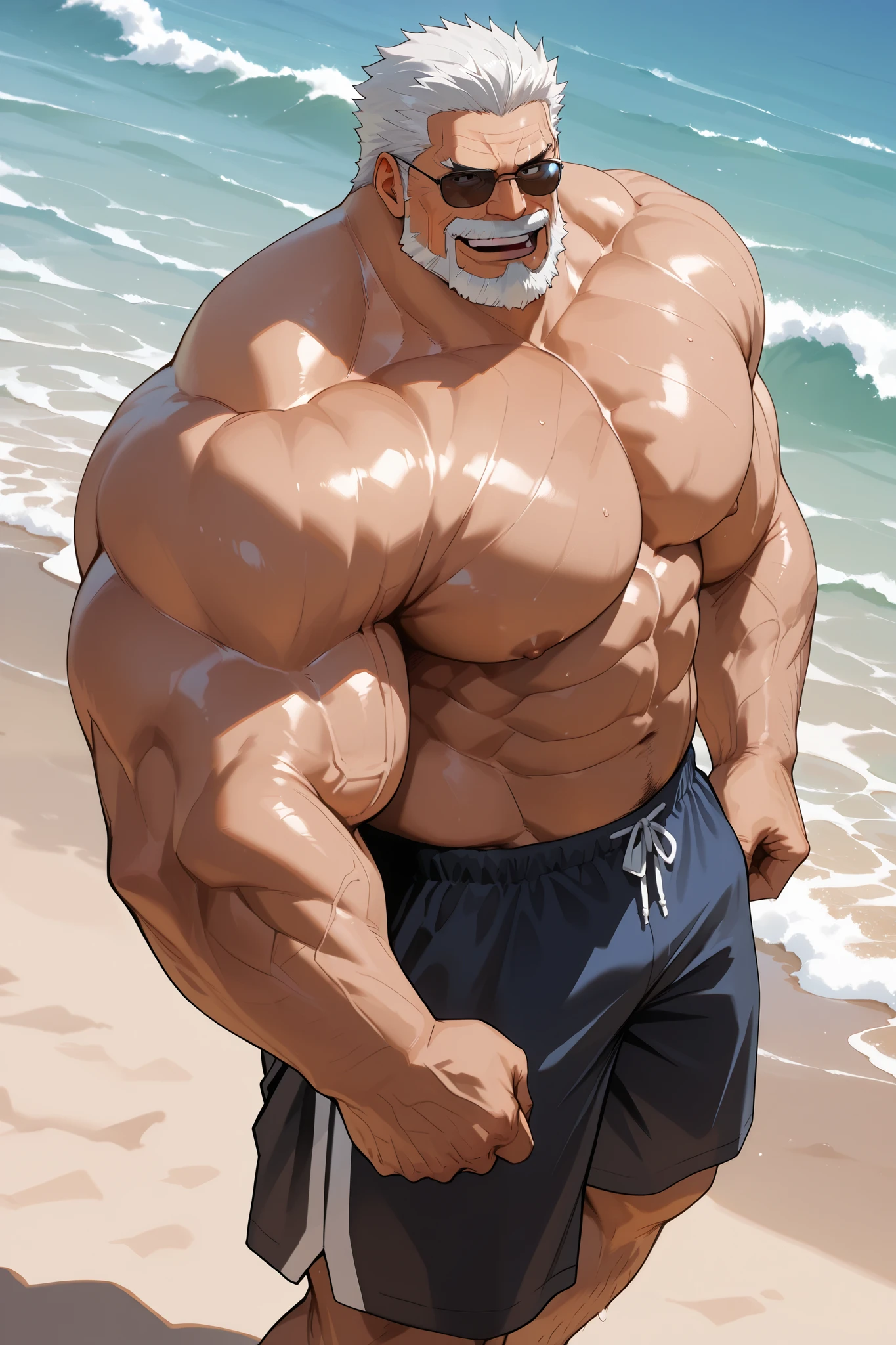 solo, muscular old man, garp, white_Garp_old facial hair, grey_Garp_short hair, black_Garp_scar on face, black_Garp_eyes, in beach, happy, sunglasses, shirtless, very huge pectoral, shorts, detailed face:1.3, eyes, wide shoulder, thick arms, wide pectoral, muscle, short hair:1.2, masterpiece, semirealistic:1.2, high detailed, 8k, high resolution