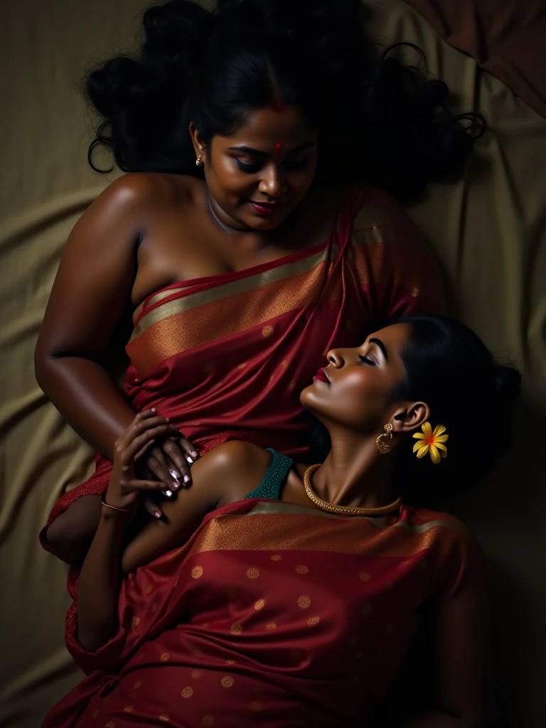 Two elderly Indian women, around 65 years old, sit atop a table in a bridge pose im thier luxery office,Reveal thier vaginas to each other with raised up their sarees by hand,They are dressed in sari,have beautiful brown skin. Their silver hair, long enough to reach their tailbones, is meticulously French braided. An excessive amount of hair oil, thick and glistening like molasses, has been applied to their braids, making them appear sculpted and heavy. The oil even drips down their scalps, which gleam like freshly oiled pans when revealed through the partings in their hair. Despite the oil, the women exude elegance and grace. They are adorned with intricate silver handicrafts as jewelry, and their off-shoulder clothing offers a glimpse of their golden chests. Full nude,