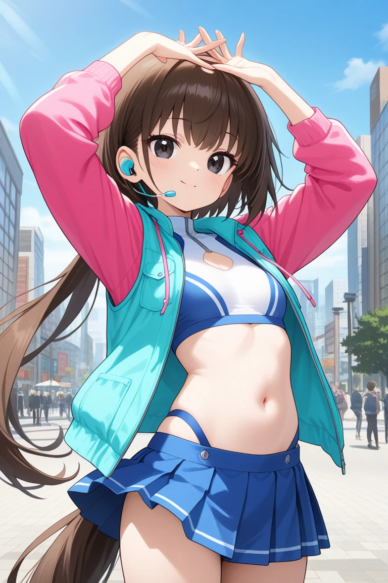 1girl,solo,yuuki mikan,, ,brown hair,, ,1girl,,,small breasts,,open mouth,,tongue,smile,(spoken heart),outdoor,,looking viewer,sports bra,panties,walking,cowboy shot