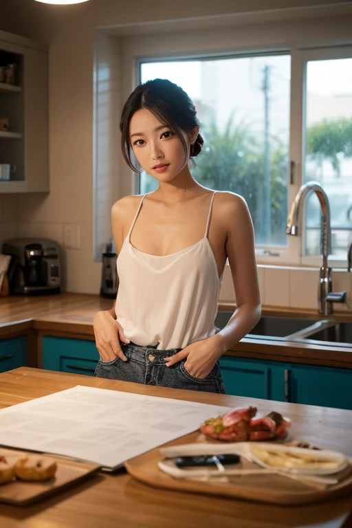 (Realistic、Photorealistic、Ultra-detailed、Highest Detail Skin、highest quality、masterpiece、超A high resolution)、Very cute Japanese woman、18-year-old、Gradient lighting、One Girl、Purelos Face、(((((Naked Apron、Wear only an apron、Green apron only、No clothes)))))、(((Coffee shop clerk、Serve customers at the counter)))、On the bed、Laughter、Realistic skin types、Perfect Style、Gravure idol pose、shortcut、double eyelid,((The camera is from the side of the body)),Small breasts、Nipples