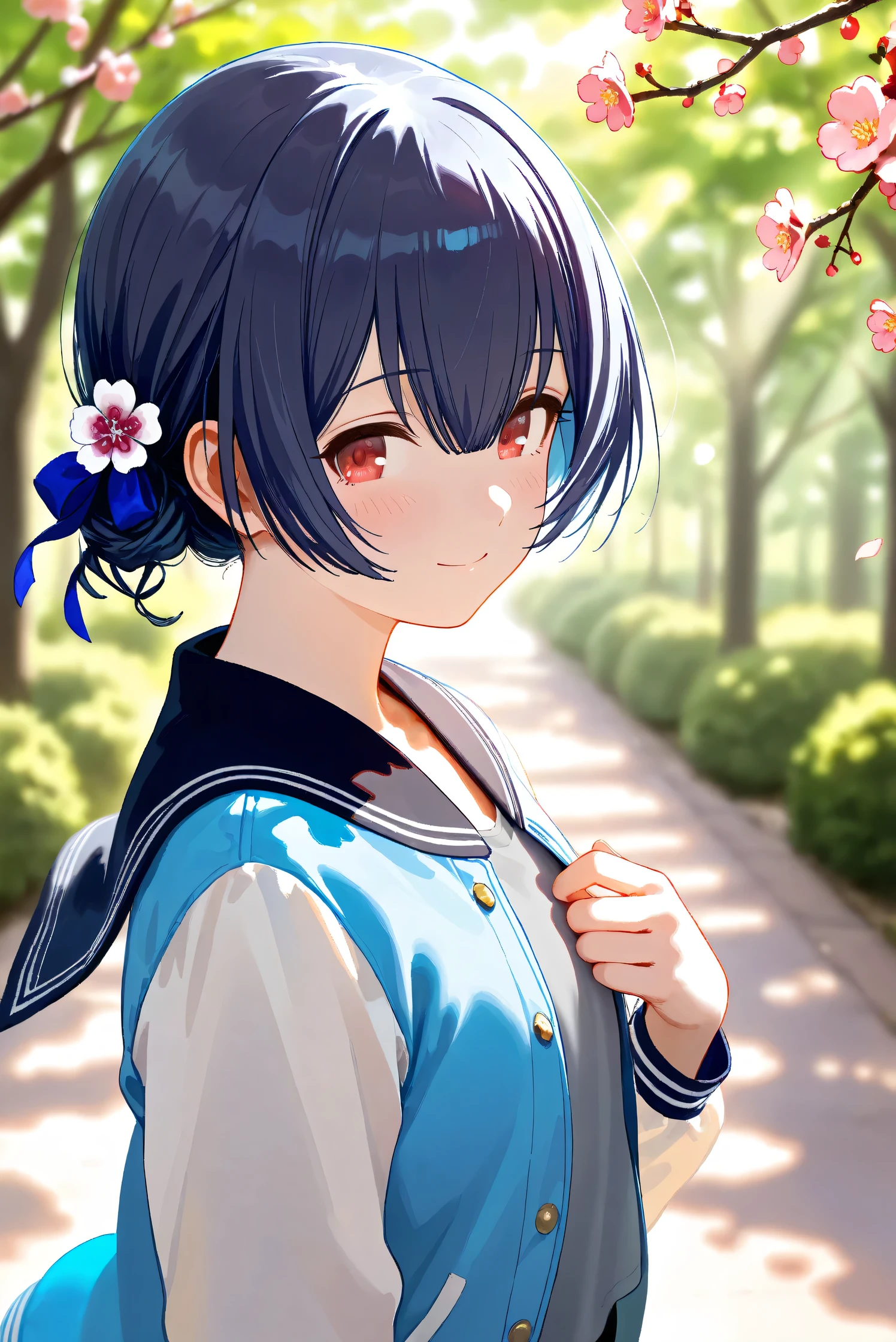 (Masterpiece), (Highest quality), (Very detailed),
(The best shape), (Best Shadow), (Absurd),
(Detailed background), (So beautiful), Shiny ,
Beautiful eyes in every detail, Extraordinary, Countershading, 8k, 32K, High resolution,
Very Detailed CG, UHD,
Score_9, Score_8_up, Score_7_up, Source_anime,
(pastel painting:1.2), (watercolor painting:1.2),
(Masterpiece, Detailed:1.2), (foreshortening:1.2),
Cinematic, Dramatic, (Depth of field:1.4),
(Blurry background:1.4), (Realistic background:1.4),
Dynamic angle,
1 girl,
Spring, Outdoor, Nature, Park, Wind,
Plum, (Plum Blossom:1.3), Plum Tree,
(Sunlight filtering through the trees:1.3),
Morino Rinze,
the idolmaster shiny colors,
mrnrnz, short hair, black hair, blue hair, single hair bun, bangs, hair between eyes, hair ornament, hair ribbon, blue ribbon, red eyes, flat chest, small breasts,
(Casual wear:1.1),
T-shirt, Gray shirt, Plain shirt,
Souvenir Jacket, (blue jacket:1.3),
(Sailor collar jacket:1.1), black sailor collar jacket,
Long sleeves jacket, (White sleeves jacket:1.1),
(Portrait:1.1), Focus on face, (Close up shot:1.3),
(Blush:1.4), Smile, Happy, Looking back,
put her left hand on her chest,
Realistic skin, Shiny skin,