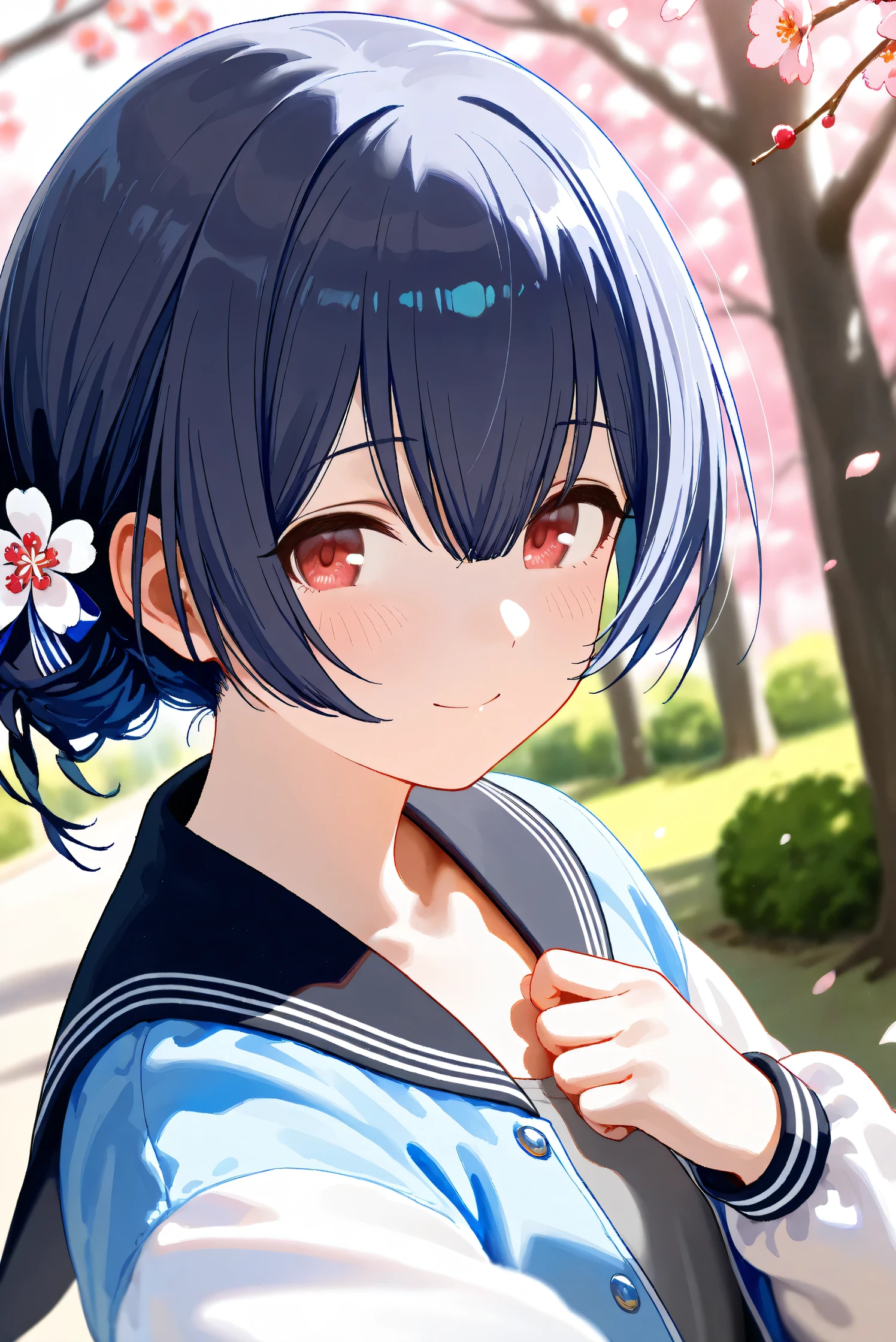 (Masterpiece), (Highest quality), (Very detailed),
(The best shape), (Best Shadow), (Absurd),
(Detailed background), (So beautiful), Shiny ,
Beautiful eyes in every detail, Extraordinary, Countershading, 8k, 32K, High resolution,
Very Detailed CG, UHD,
Score_9, Score_8_up, Score_7_up, Source_anime,
(pastel painting:1.2), (watercolor painting:1.2),
(Masterpiece, Detailed:1.2), (foreshortening:1.2),
Cinematic, Dramatic, (Depth of field:1.4),
(Blurry background:1.4), (Realistic background:1.4),
Dynamic angle,
1 girl,
Spring, Outdoor, Nature, Park, Wind,
Plum, (Plum Blossom:1.3), Plum Tree,
(Sunlight filtering through the trees:1.3),
Morino Rinze,
the idolmaster shiny colors,
mrnrnz, short hair, black hair, blue hair, single hair bun, bangs, hair between eyes, hair ornament, hair ribbon, blue ribbon, red eyes, flat chest, small breasts,
(Casual wear:1.1),
T-shirt, Gray shirt, Plain shirt,
Souvenir Jacket, (blue jacket:1.3),
(Sailor collar jacket:1.1), black sailor collar jacket,
Long sleeves jacket, (White sleeves jacket:1.1),
(Portrait:1.1), Focus on face, (Close up shot:1.3),
(Blush:1.4), Smile, Happy, Looking back,
put her left hand on her chest,
Realistic skin, Shiny skin,