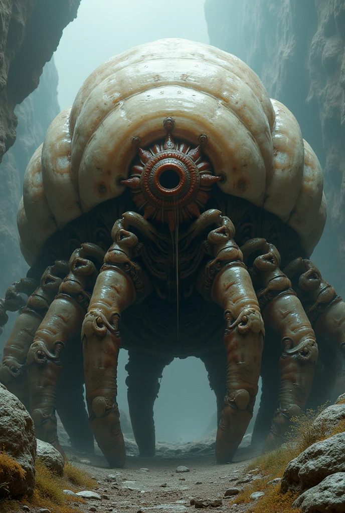 I want you to make a giant crab with a flattened body and long legs with claws. The eyes would be. big and round, like those of an insect 