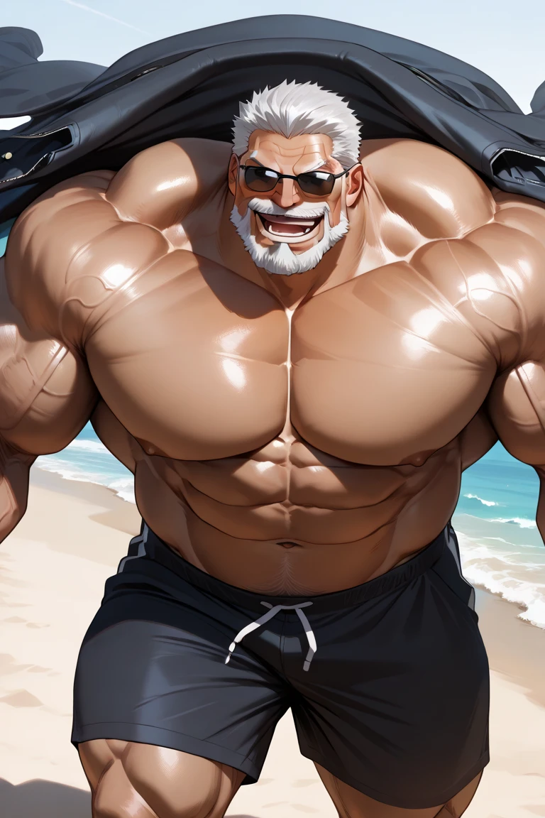 beach, extremely huge muscular, massive muscular, full-body, well-muscled old man. ((extremely muscle size, super thick arms, huge pec, extremely wide pectoral , huge arms)). and add details to make it attractive and interesting. Add textures and details to make the image more realistic, such as the appearance of the shirt texture and the appearance of the skin. Make sure the resulting image is high resolution, 8K quality."