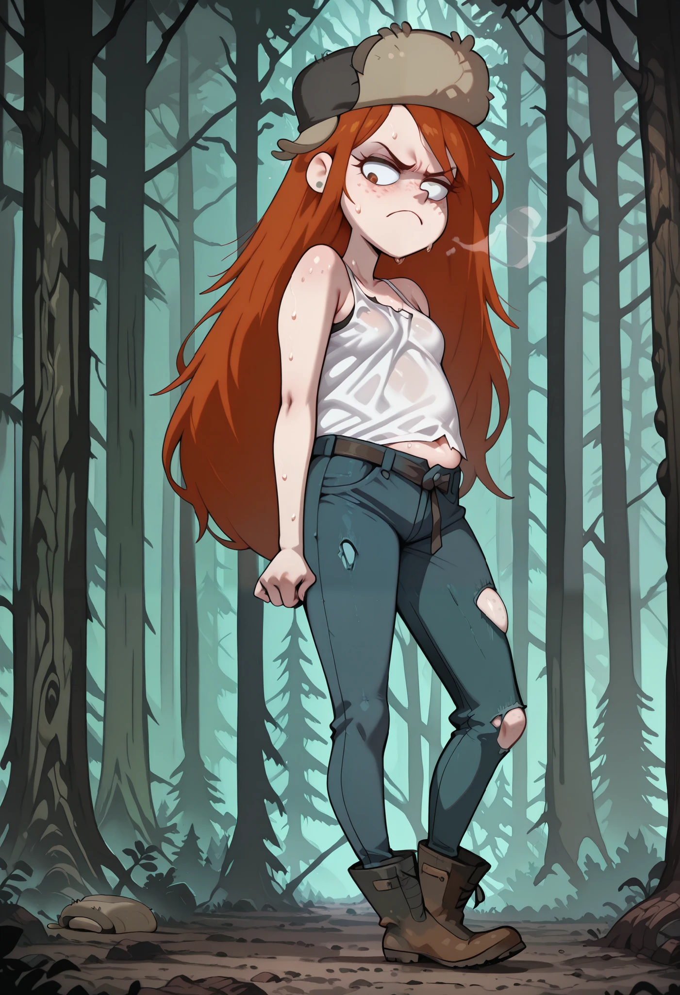   wendy, long hair, source_anime, fur hat, 1girl, orange hair, solo, freckles, earrings,, torn clothes, tank top, pants, jacket around waist,, clothes around waist  tight jeans, love handles, boots,, long hair, , (gained put on weight:1.2), plump body, (bottom heavy:1.3), nervous emotions, (standing in a dark pine forest), plump arms, () , (midriff peek),  (long legs),  , (sweaty, out of breath, panting),  looking at viewer, (scowling at viewer), (unbuttoned pants)
