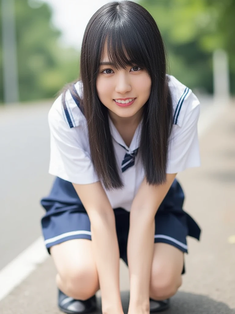 Pure Japanese school girl, sexual attractive, wearing uniform, natural hairstyles, sweet smile, sitting, panty, refreshing in early summer, professional eroticism photography,