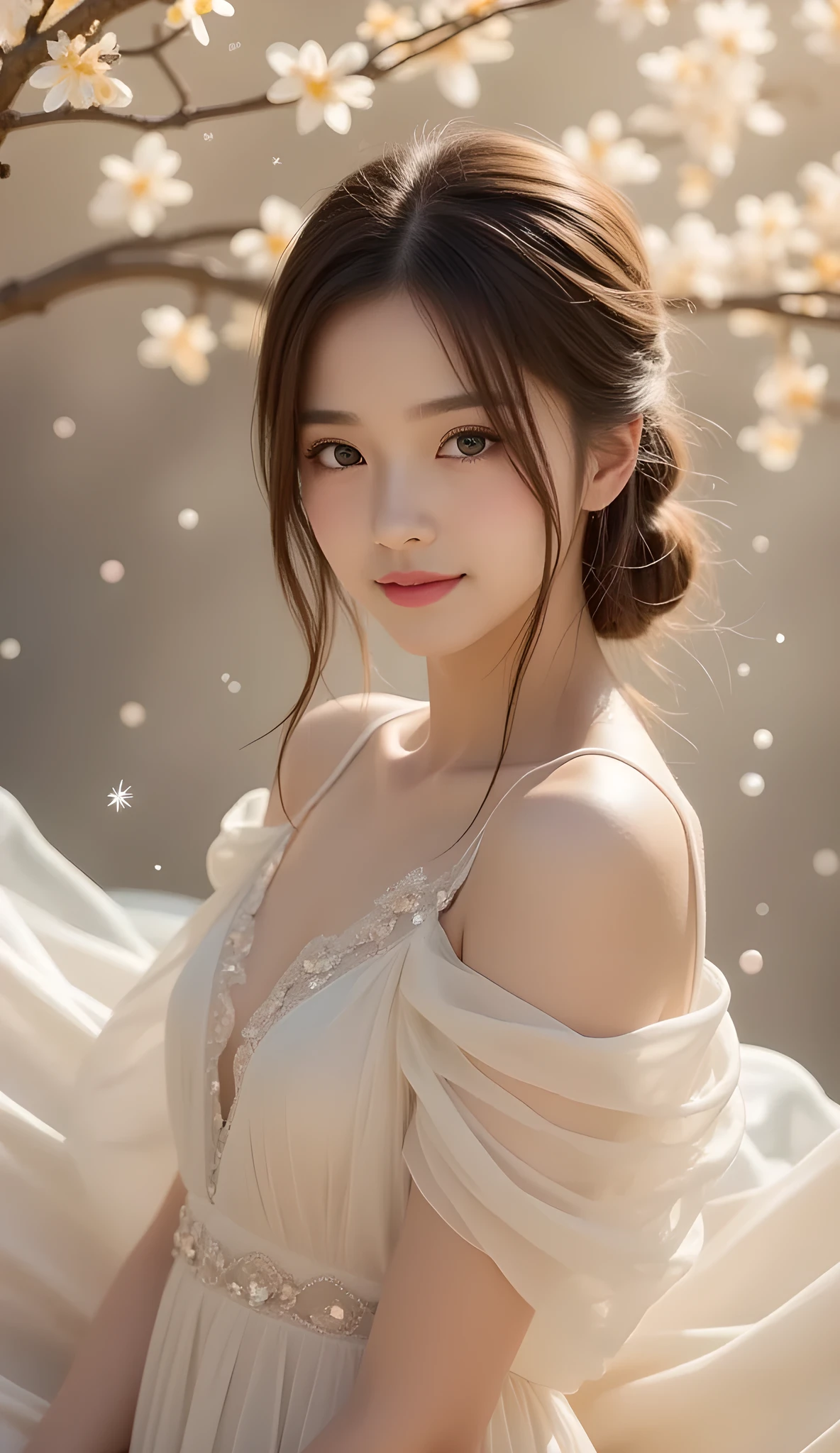 A breathtaking scene of a beautiful girl dancing gracefully in mid-air, depicted from head to thighs. Her long hair flows effortlessly in the wind, and her glowing white dress billows around her. Her smile is radiant, and dewdrops from her lips transform into shimmering gemstones as they fall. The background is a surreal mix of soft clouds and glowing trees. Cinematic lighting, ultra-detailed, fantasy art style, 8K resolution, Close-up portrait.
