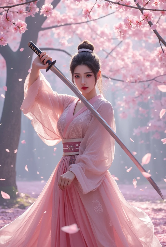 Woman with a sword 　In the cherry blossom blizzard 　Japanese　sexy clothes　short scabbard