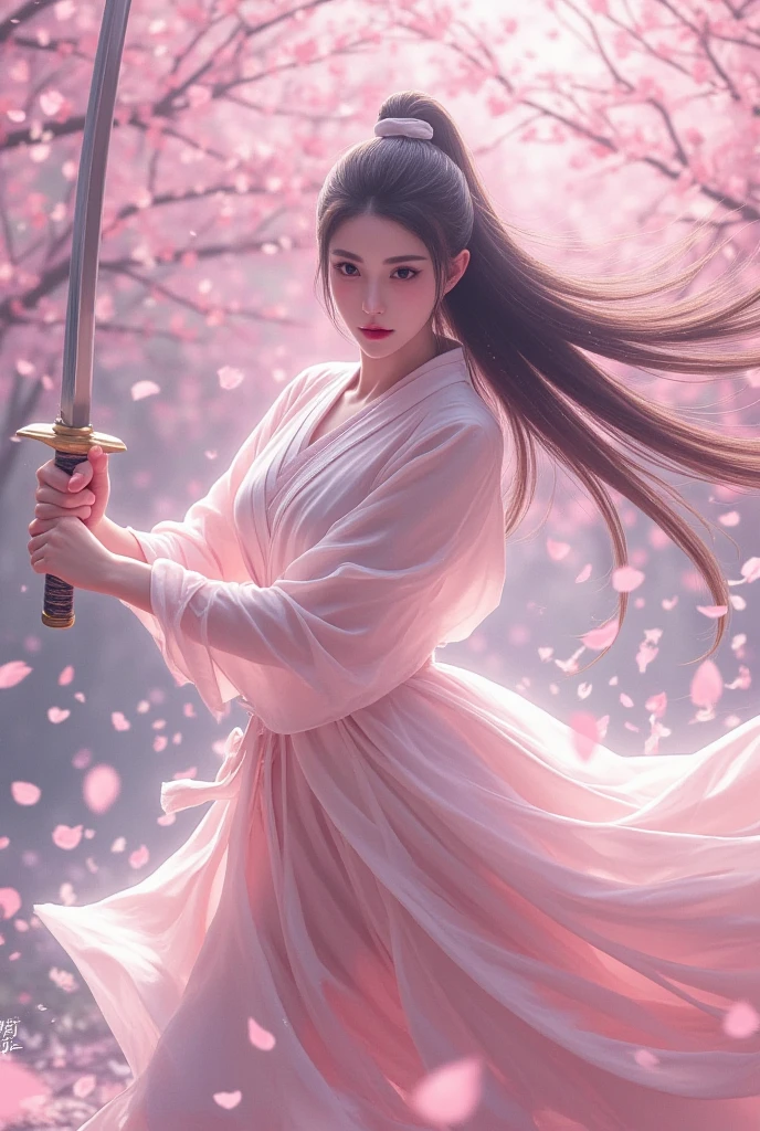 Woman with a sword 　In the cherry blossom blizzard 　Japanese　sexy clothes　short scabbard