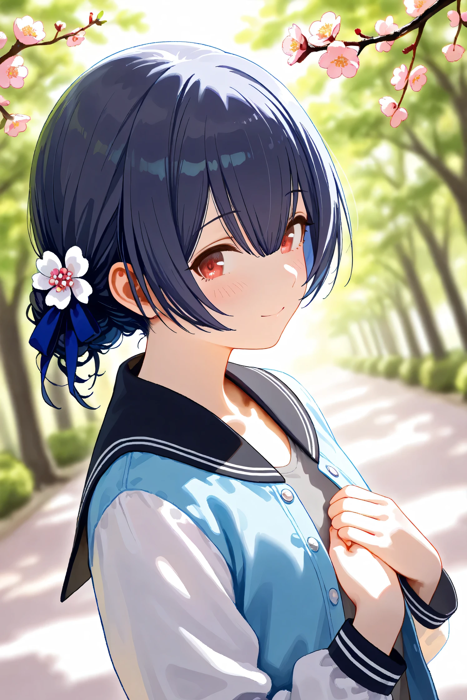 (Masterpiece), (Highest quality), (Very detailed),
(The best shape), (Best Shadow), (Absurd),
(Detailed background), (So beautiful), Shiny ,
Beautiful eyes in every detail, Extraordinary, Countershading, 8k, 32K, High resolution,
Very Detailed CG, UHD,
Score_9, Score_8_up, Score_7_up, Source_anime,
(pastel painting:1.2), (watercolor painting:1.2),
(Masterpiece, Detailed:1.2), (foreshortening:1.2),
Cinematic, Dramatic, (Depth of field:1.4),
(Blurry background:1.4), (Realistic background:1.4),
Dynamic angle,
1 girl,
Spring, Outdoor, Nature, Park, Wind,
Plum, (Plum Blossom:1.3), Plum Tree,
(Sunlight filtering through the trees:1.3),
Morino Rinze,
the idolmaster shiny colors,
mrnrnz, short hair, black hair, blue hair, single hair bun, bangs, hair between eyes, hair ornament, hair ribbon, blue ribbon, red eyes, flat chest, small breasts,
(Casual wear:1.1),
T-shirt, Gray shirt, Plain shirt,
Souvenir Jacket, (blue jacket:1.3),
(Sailor collar jacket:1.1), black sailor collar jacket,
Long sleeves jacket, (White sleeves jacket:1.1),
(Portrait:1.1), Focus on face, (Close up shot:1.3),
(Blush:1.4), Smile, Happy, Looking back,
put her right hand on her chest,
Realistic skin, Shiny skin,