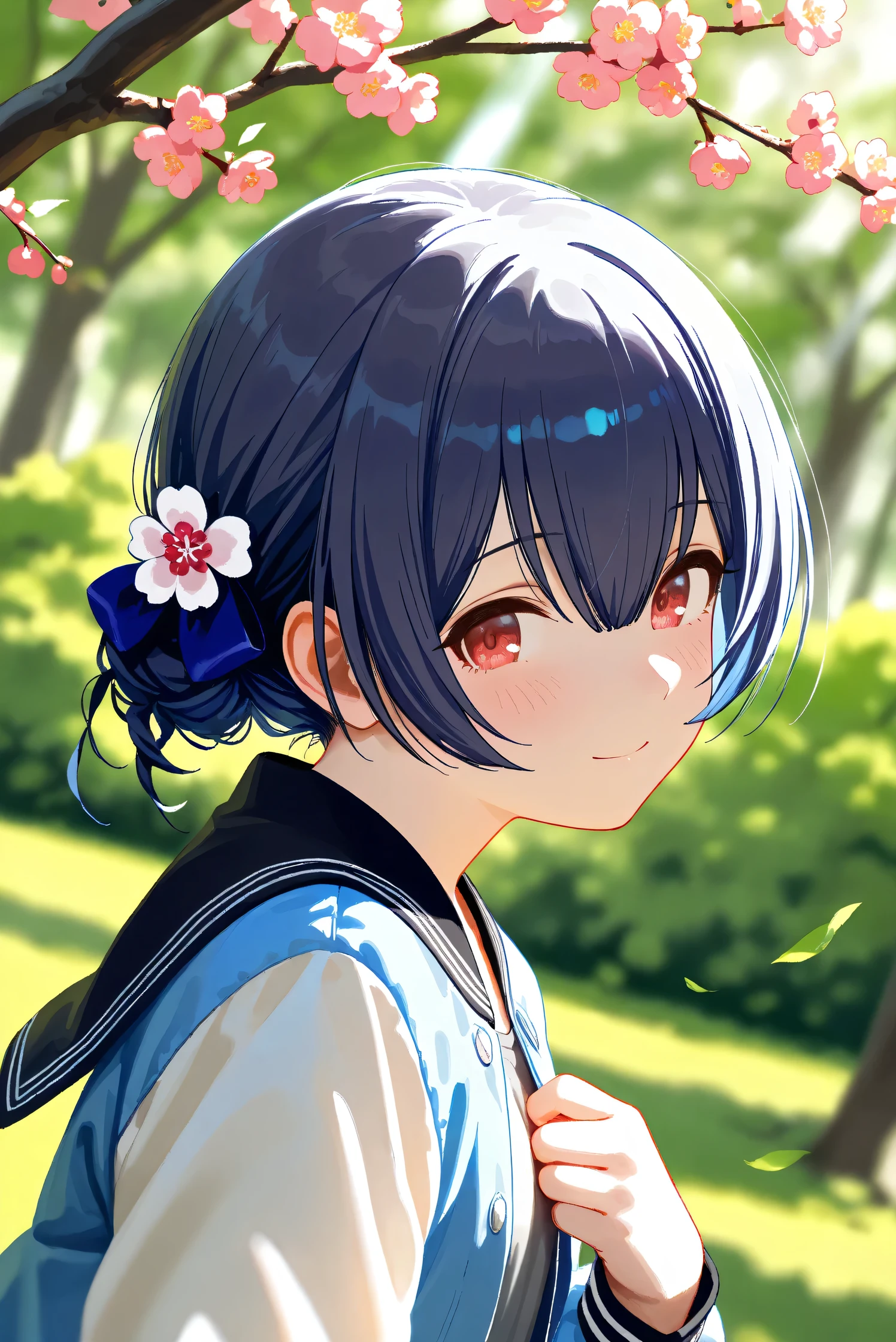 (Masterpiece), (Highest quality), (Very detailed),
(The best shape), (Best Shadow), (Absurd),
(Detailed background), (So beautiful), Shiny ,
Beautiful eyes in every detail, Extraordinary, Countershading, 8k, 32K, High resolution,
Very Detailed CG, UHD,
Score_9, Score_8_up, Score_7_up, Source_anime,
(pastel painting:1.2), (watercolor painting:1.2),
(Masterpiece, Detailed:1.2), (foreshortening:1.2),
Cinematic, Dramatic, (Depth of field:1.4),
(Blurry background:1.4), (Realistic background:1.4),
Dynamic angle,
1 girl,
Spring, Outdoor, Nature, Park, Wind,
Plum, (Plum Blossom:1.3), Plum Tree,
(Sunlight filtering through the trees:1.3),
Morino Rinze,
the idolmaster shiny colors,
mrnrnz, short hair, black hair, blue hair, single hair bun, bangs, hair between eyes, hair ornament, hair ribbon, blue ribbon, red eyes, flat chest, small breasts,
(Casual wear:1.1),
T-shirt, Gray shirt, Plain shirt,
Souvenir Jacket, (blue jacket:1.3),
(Sailor collar jacket:1.1), black sailor collar jacket,
Long sleeves jacket, (White sleeves jacket:1.1),
(Portrait:1.1), Focus on face, (Close up shot:1.3),
(Blush:1.4), Smile, Happy, Looking back,
put her right hand on her chest,
Realistic skin, Shiny skin,