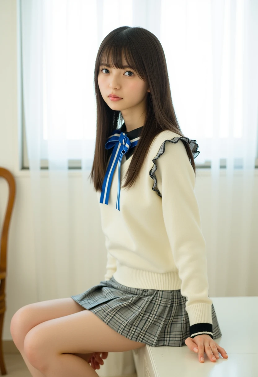 8K,Japanese,,Innocent face,Teenage Girle,Winter clothes,Casual wear,Sitting with legs apart,Black Hair,garden,Hair Clip,mini skirt、White panties