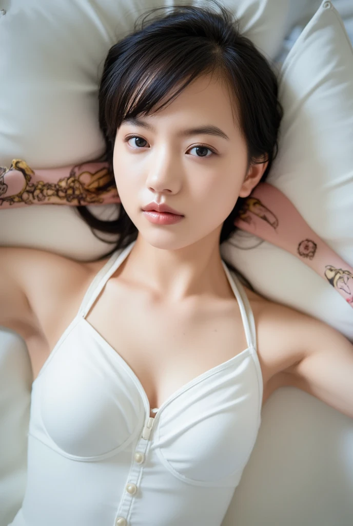 TenTen, naked, ribbon on the neck, Skinny body, small bust, very feminine, lying down, sideways