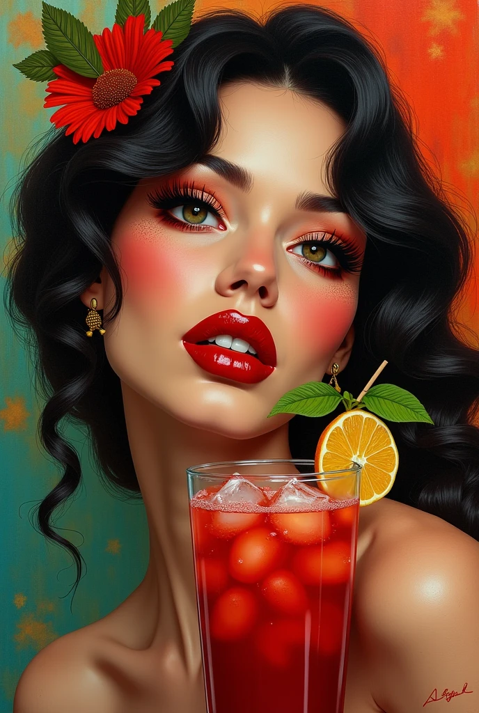 work of art, initial art with red carnation flower, rich and colorful splash art, to tear down, tropical fruits, magical, Stylized abstract portrait of a beautiful girl，Street graffiti, White background