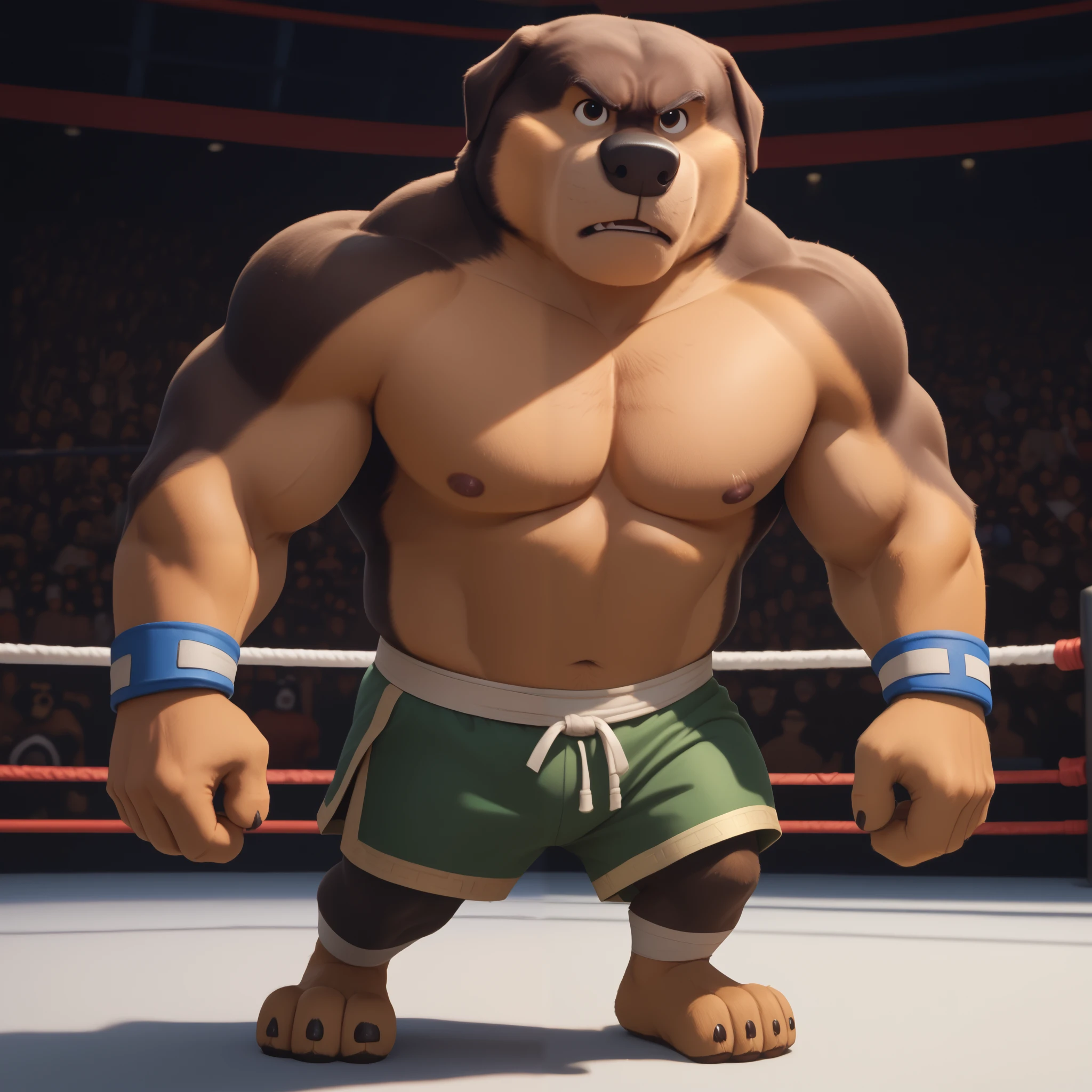 score_9, score_8_up, score_7_up, cartoon_style, ((by BodiPhant0m)), byBodiRDz, 4k, 8k, The best quality, very well drawn, detailed, high quality, detailed, 4k, high resolution, high quality, high resolution, Khampa, detailed, high quality, detailed, 4k, high resolution, high quality, high resolution, furry character, canine, 2d, solo, fighting arena background, rockdog, khampa, style rock dog, movie style, style[rockdog], rockdog, male, Tibetan mastiff, mastiff, dog boy, dog, khampa, Tibetan Mastiff with brown-and-tan fur with tan fur on his muzzle, hands, feet, black nose, brown eyes, middle aged muscular, Height: 6'10", Weight: 358lbs, shirtless, black MMA shorts with green slits, ankle support brace, wearing MMA gloves with knuckle pads, full body stances, fighter, (glare), seething 