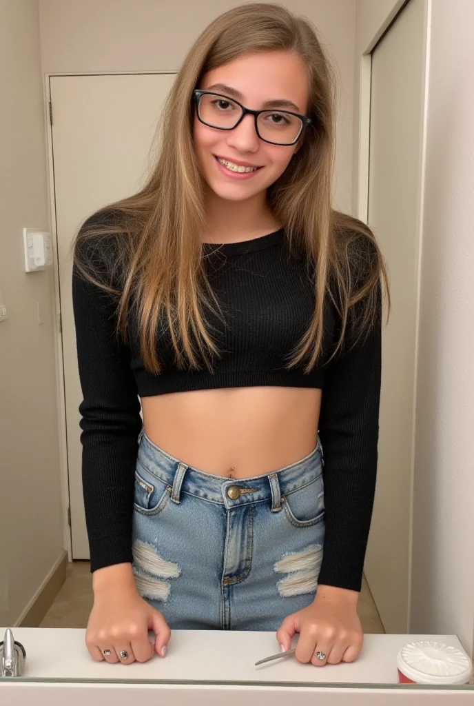 smiling woman with glasses on, wearing sneakers and jeans with a cropped hoodie, underboob, saggy tits, nerd, frumpy, entire body visible, full body, hyperrealistic, best quality, 8K, real human skin, masterpiece, extremely intricate, medium closeup, detailed eyes, detailed face, detailed body, exaggerated features, pronounced features