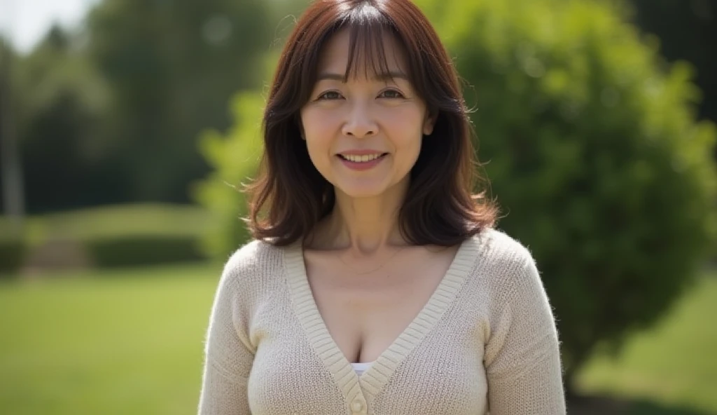 (top-quality, masterpiece,photo realistic,ultra-detailed,Textured skin:1.2),(Anatomically correct),(1 girl),professional lighting, break (plump body),((tanktop of random color)), break ,((drooping breasts)), break (japanese mature woman),(45 years old),smile,((long brown hair)),