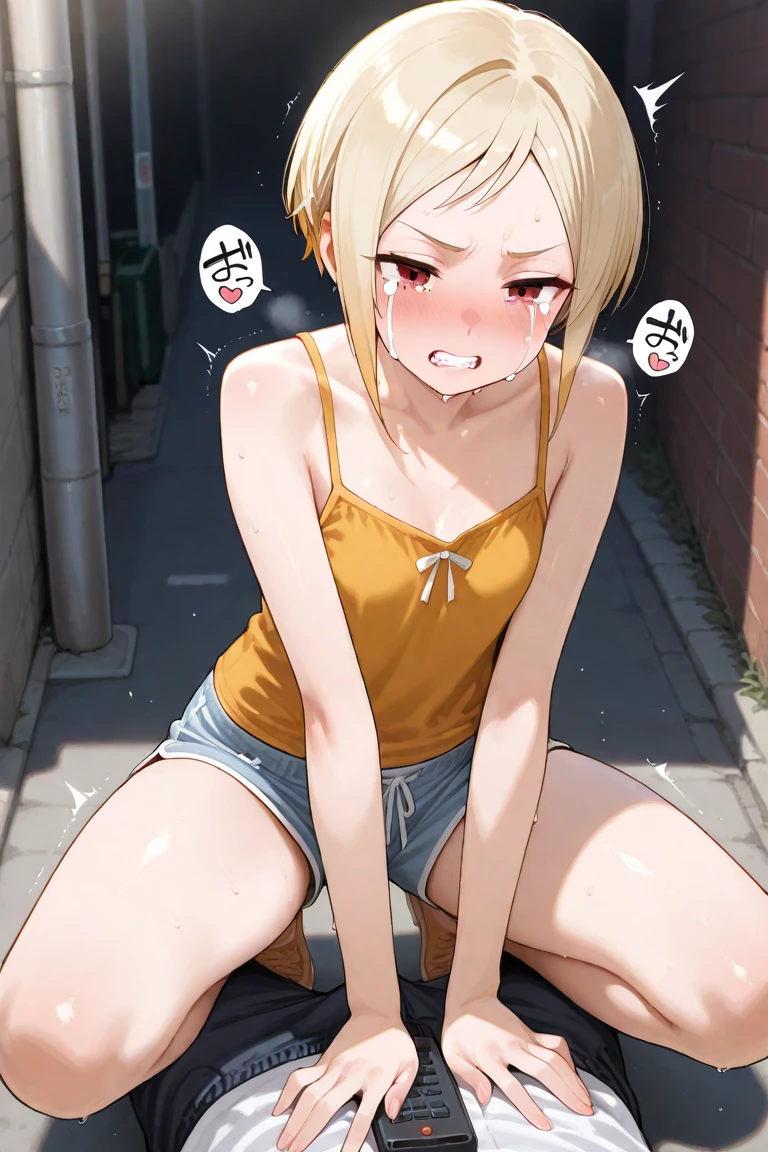 girl, summer festival, unzipped shorts, pussy peek, pussy, no panties, sweat, sweatdrop, wet clothes, t-shirt, belly, pussy juice, happy, blushing, bare legs, slim, full body, barefoot, excited, thigh strap, standing, small breasts, erect nipples