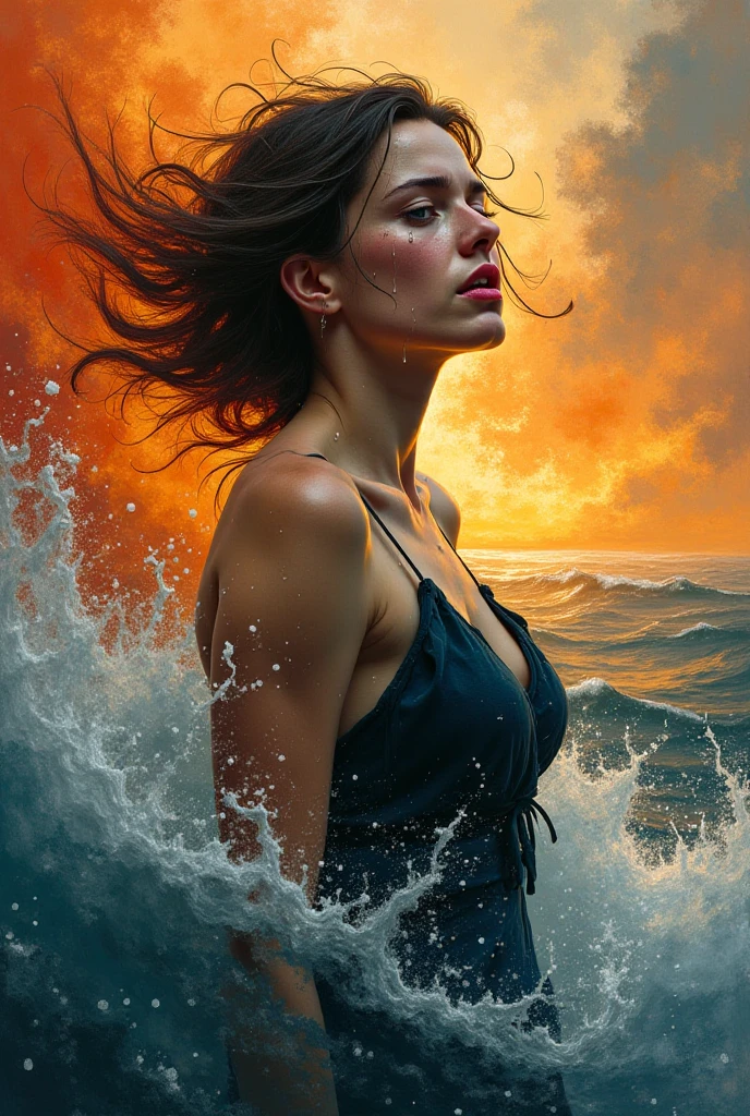 Oil paints,acrycle painting,masterpiece,Renaissance style,(Masterpiece, Top quality, Best quality, offcial art, Beautiful and aesthetic:1.2), close view of full body nude young belgian woman, in erotic pose , hairy intimate hairstyle pubic , background ocean waves with foam, thunderclouds, lightnings