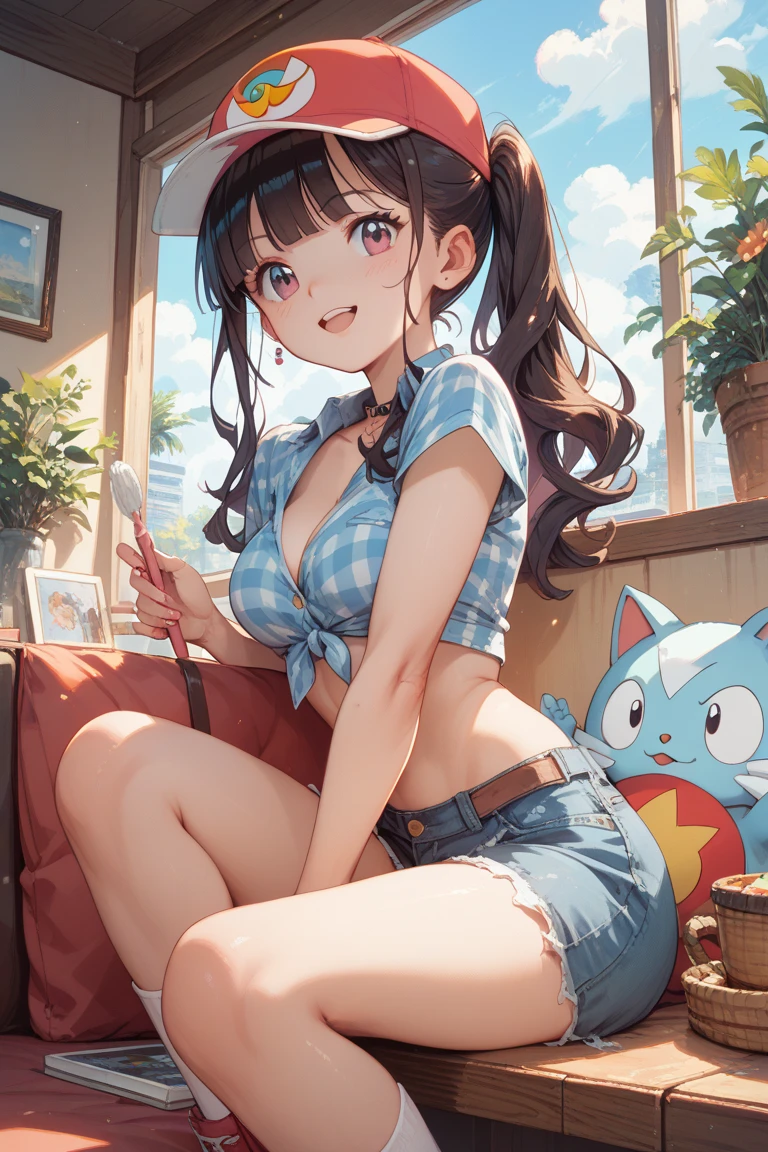 One girl.
(masutepiece, of the highest quality, Kyoto Animation Style Illustration, of the highest quality, Official art, aesthetics, Beautiful details, :1. 2), BREAK, (17 years old girl), Very detailed, colourfull, highest details, BREAK, (Bomb chest: 1. 2,), Clear skin, Beautiful skin, Shy skin, with fringes, 1 beautiful girl, Brown hair, (Cat ears, Ponytail, medium-Long hair: 1. 2), (Light blue eyes, long eyelashes, Double eyelids: 1. 2), Solo, BREAK,
Fan shaking his head to blow wind into the room.
A girl is one girl.
Pink ruffled bra and shorts. Sweat.
girl's own room, bed, desk work, Chair, DVR, Shelves with small items,Women's underwear scattered all over the room,
Fan shaking his head to blow wind into the room.
The girl sits in front of the fan, Mouth wide open, I'm in a hurry,
「Ah!'
Summer scenery.