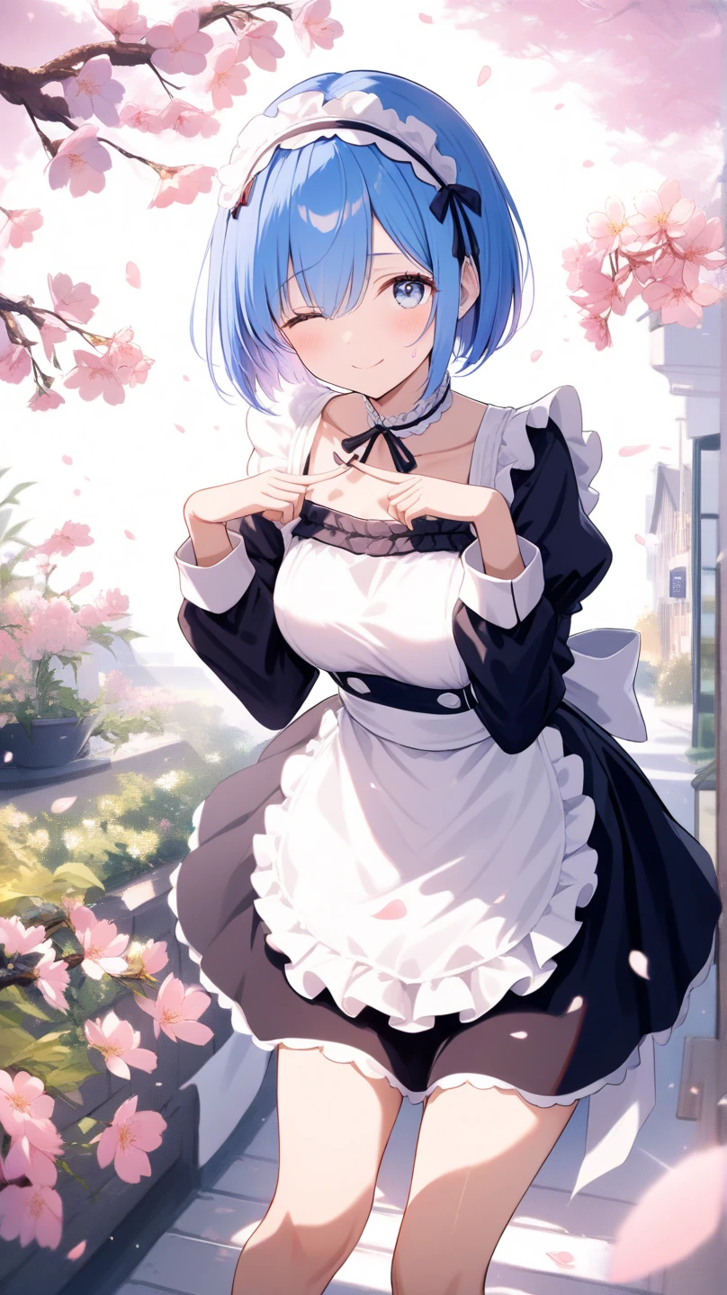 masterpiece, highest quality, Super detailed, Sparkling, Shining Light, Ray Tracing, High resolutionR, Depth of written boundary, (Perfect Face, Detailed face, Fine grain,Perfect hands),(Big Breasts:1.2),8k,High resolution,Ultra-realistic face,Ray Tracing,Perfect lighting,highest quality, Super detailed, Shining Eyes, (View Viewer,Laughing with your mouth open:1.1), ((One girl)), (Mature Woman:1.4),Cowboy Shot,Thighs,
Rem,short hair,((Gradient Hair)),Variegated eyes, Gradient Eyes, (Glowing Eyes:1.3), mascara, (Fashion Makeup), Lips parted,hair ornaments,Long sleeve, dress, ribbon, hair ribbon, flower,Frills, Removable sleeves,Wide sleeves, Hair on one eye,apron, black dress, Maid, Maid headdress, black ribbon, neck ribbon, Upper teeth only,frilled dress, x hair ornaments, Frills袖, waist apron, white apron, pink ribbon,roswaal mansion Maid uniform,
((middle of the School, School's yard, cherry blossomsの木, cherry blossoms, School)),(Complex background, There are many elements to the background:1.2),((Highly detailed background)), Dynamic pose, ((8k wallpaper)) ,  