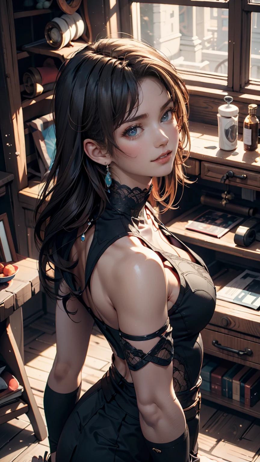 (small breasts:1.2), (perky chest:1.2), (pointed chest:1.2), (dynamic angle:1.3, front view:1.1, breast focus:1.3, from below:1.1), (dynamic posing:1.2, sexy posing:1.2), (seductive smiling:1.3), highest quality、(real、photorealistic:1.4),(ultra high resolution, 8K RAW photo, clear focus), best qualtiy, natural lighting, field depth, (Bright pupils, detailed beautiful blue eyes, high detailed face), (tight focus:1.2), a girl 28yo old, Thicc, thin breast, long hair, blue eyes,garter stocking, cleavage:1.2, midriff, black shorts, black thighhighs, thigh strap, pretty girl, (highly detailed beautiful face and eyes,firm breasts),real skin,((black,hair,long pony tail hair)),thin pubic hair,cute,lovely, detailed eyes,(double breasted:1.0,under bust:1.0),(with sparkling eyes and a contagious smile),close mouth, Looking at Viewer,