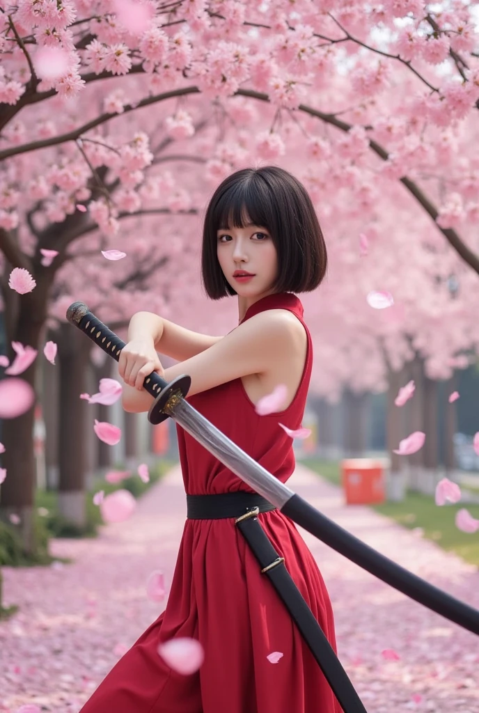Woman with a sword 　In the cherry blossom blizzard 　Japanese　sexy clothes on your hands　short scabbard　Hairstyle Bob　Dynamic