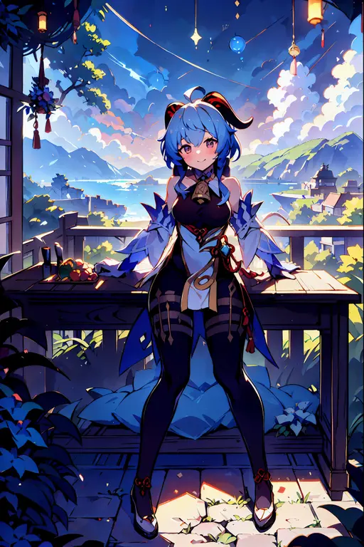 muste piece, best quality, anime image, anime style etc., ganyu \(genshin impact\), sitting at the table, view from above, smile, 1 girl, Twin horn, ticker,Fit Figure, Pussy visible , blush, Colorful pastel fantasy,sexy pose,super detailed background,fantastic scenery,Fantasy landscapes,Impossibly detailed,Impossibly high quality