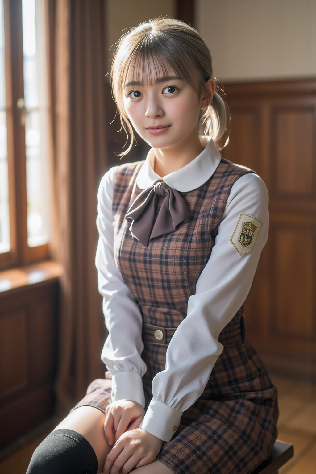 Heavy makeup,,smile,blonde,Wavy Short Hair,Japanese,Polo shirt,, Pleated skirt, Micro Mini Skirt, loafers, whole body,Beautiful thighs,Sitting,(Real schoolgirl:1.3),(Honor student),Classroom during lesson,Spread your legs,blue eyes:1.1,necklace、bracelet