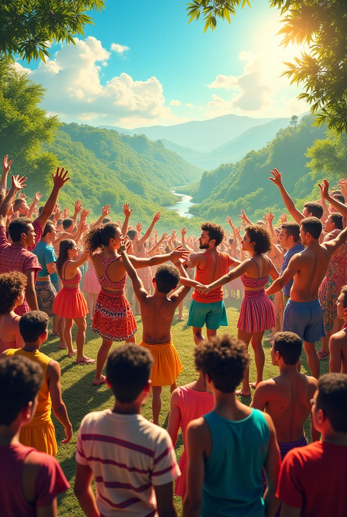 Na flowersta da mata na serra tropical do brasil, the sun shines on the waterfall. the photo is taken from the middle of the crowd and has an asymmetrical composition. There is a party with musical instruments, tambourine, guitar, tambor, Flute, rabeca, atabaqui, grandfather, rattle,  people dancing each in their own way next to different animals, a bonfire and birds, flowers, butterflys, macaws, monkey, ounce, squirrel, Bunnygirl.