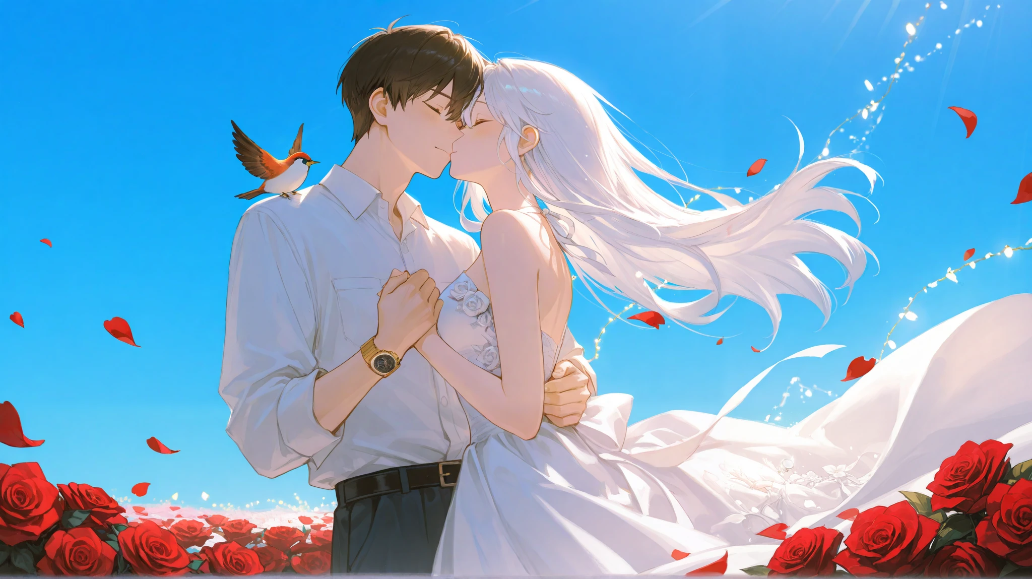 A sunlit garden wedding surrounded by blooming roses and fairy lights. Jiwon, radiant in a flowing white gown, holds Seojin’s hands as they exchange vows. He gazes at her with unwavering affection, his usual serious expression softened with love. Their closest friends and family watch with warm smiles, flower petals floating in the breeze. As they seal their promise with a kiss, the camera pans upward to the blue sky, where birds soar freely—just like their hearts, finally at peace, finally together.