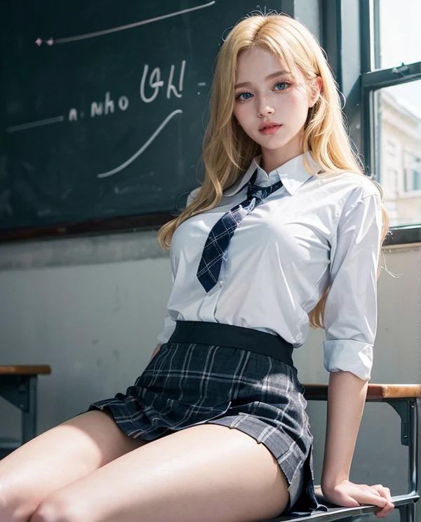 1girl, (Blue eyes), (smirk), (Sana Minatozaki), wide hips, Big Boobs, big ass, (Best Quality, 8k, Masterpiece: 1.3), perfect hands, Clear Focus: 1.2, Perfect Body Beauty: 1.4 , Slender Abs: 1.2, Highly detailed face and skin texture, detailed eyes, double eyelids, (blonde long hair), (white school shirt :1.2), (plaid skirt :1.3), tie black, black thigh-high stockings, sitting, (open legs showing panties :1.2), in a classroom, blackboard in the background, deep on field