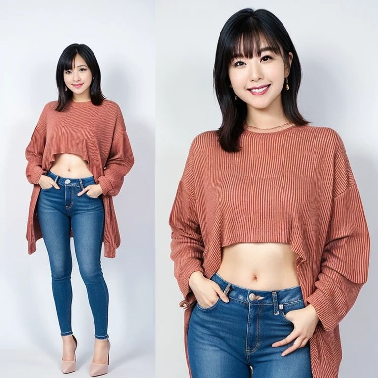 cute girl,cropped sweater,low-rise damaged skinny pants,happy,multiple views,